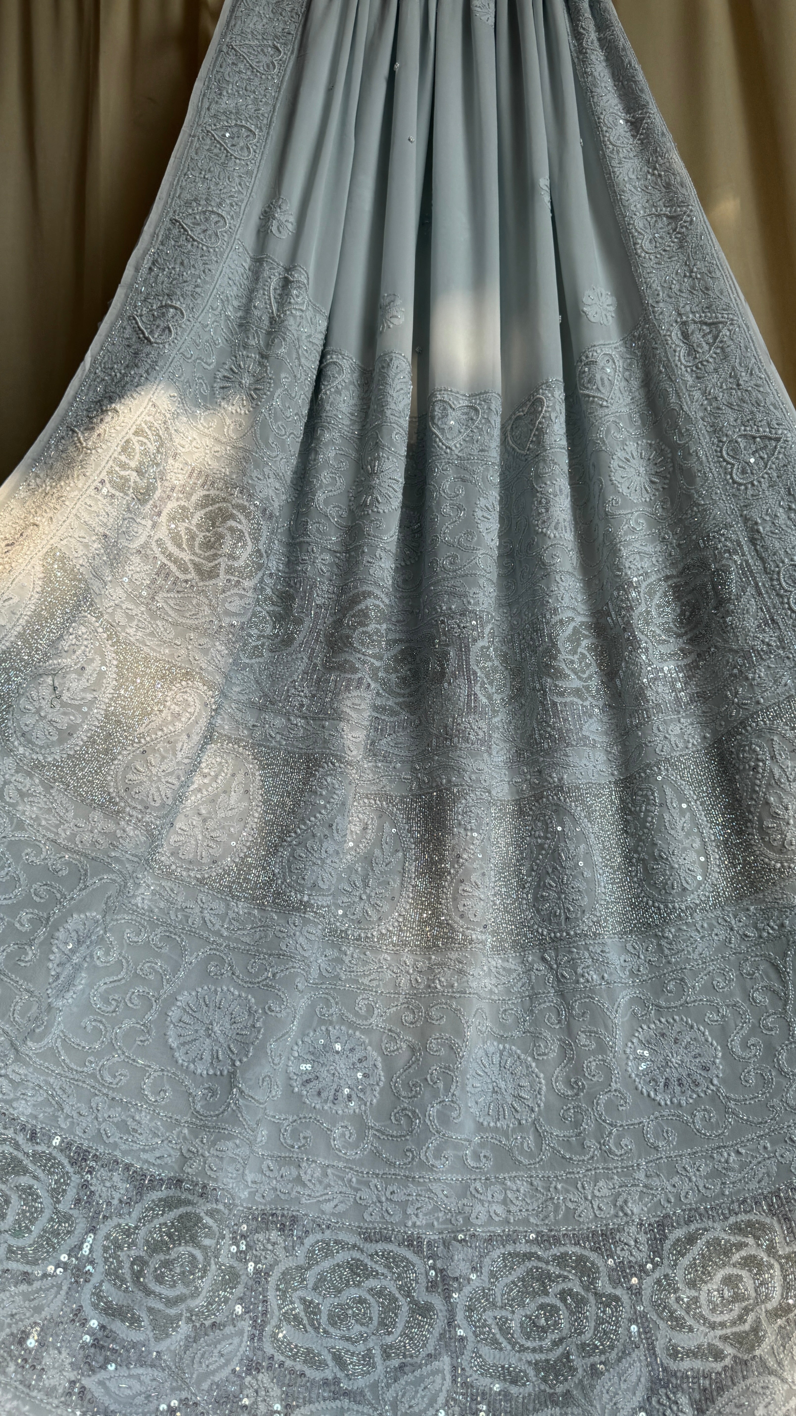 Viscose Light cool grey Chikankari saree with Pearl embellishments