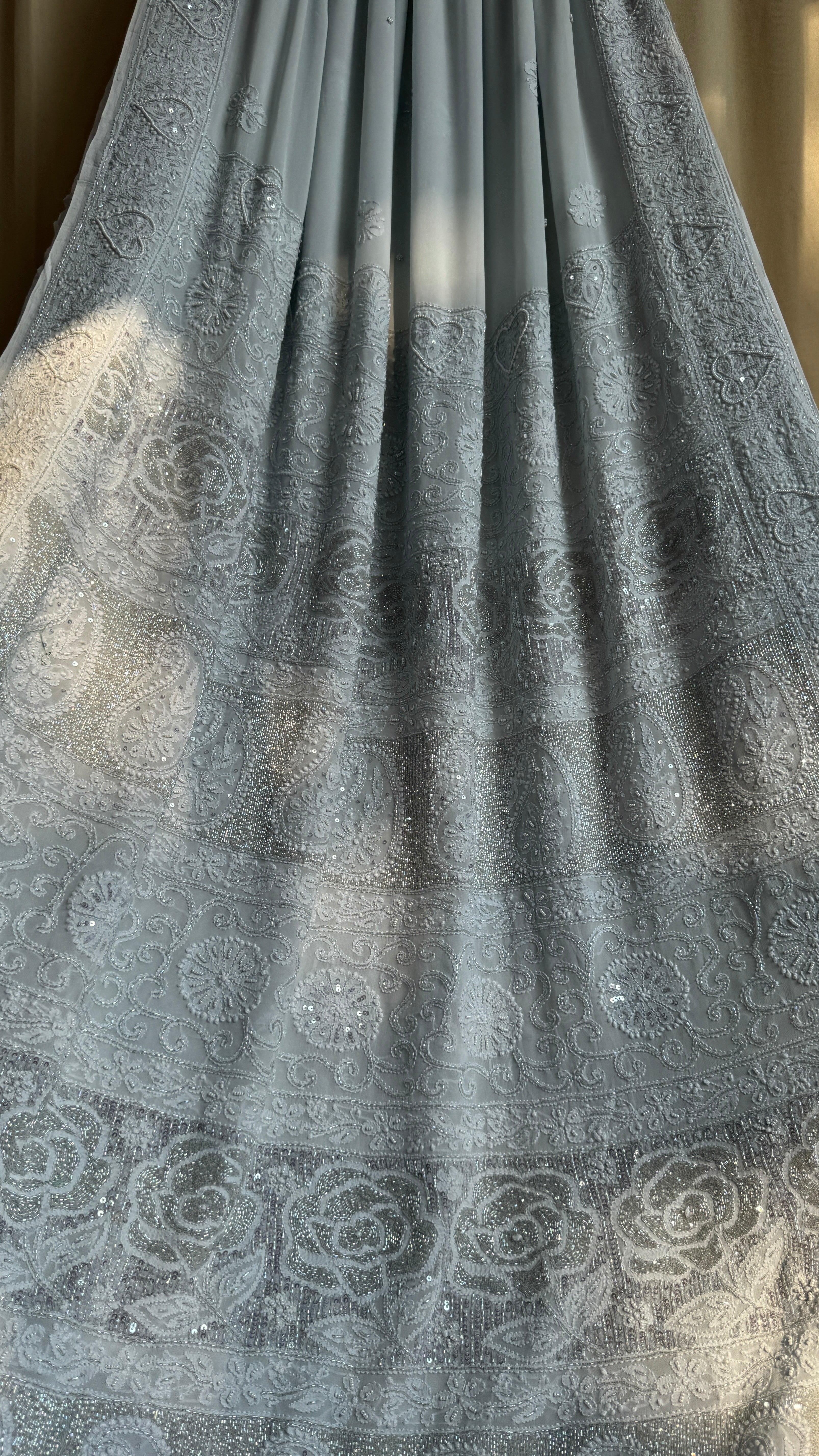 Viscose Light cool grey Chikankari saree with Pearl embellishments