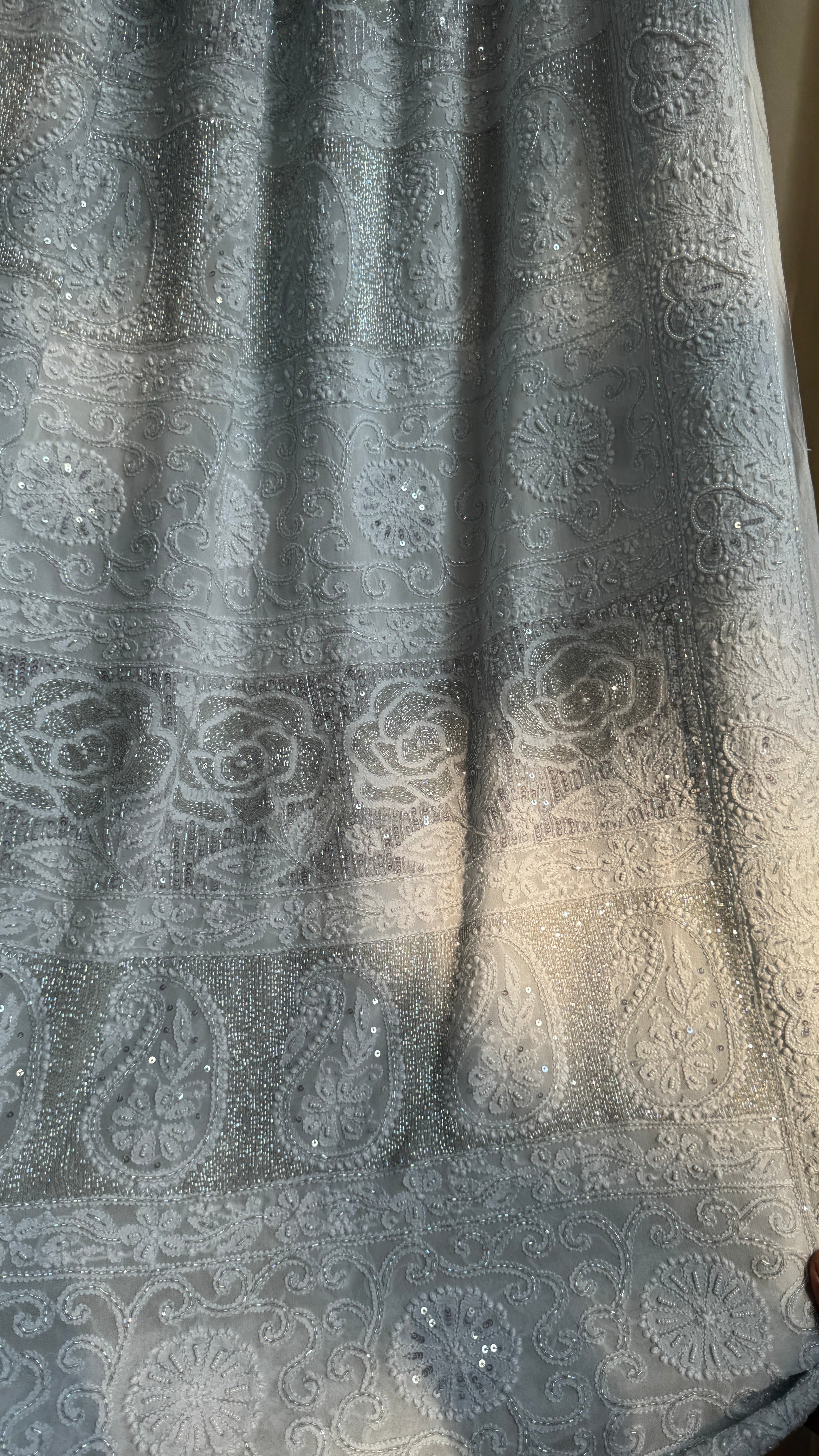 Viscose Light cool grey Chikankari saree with Pearl embellishments