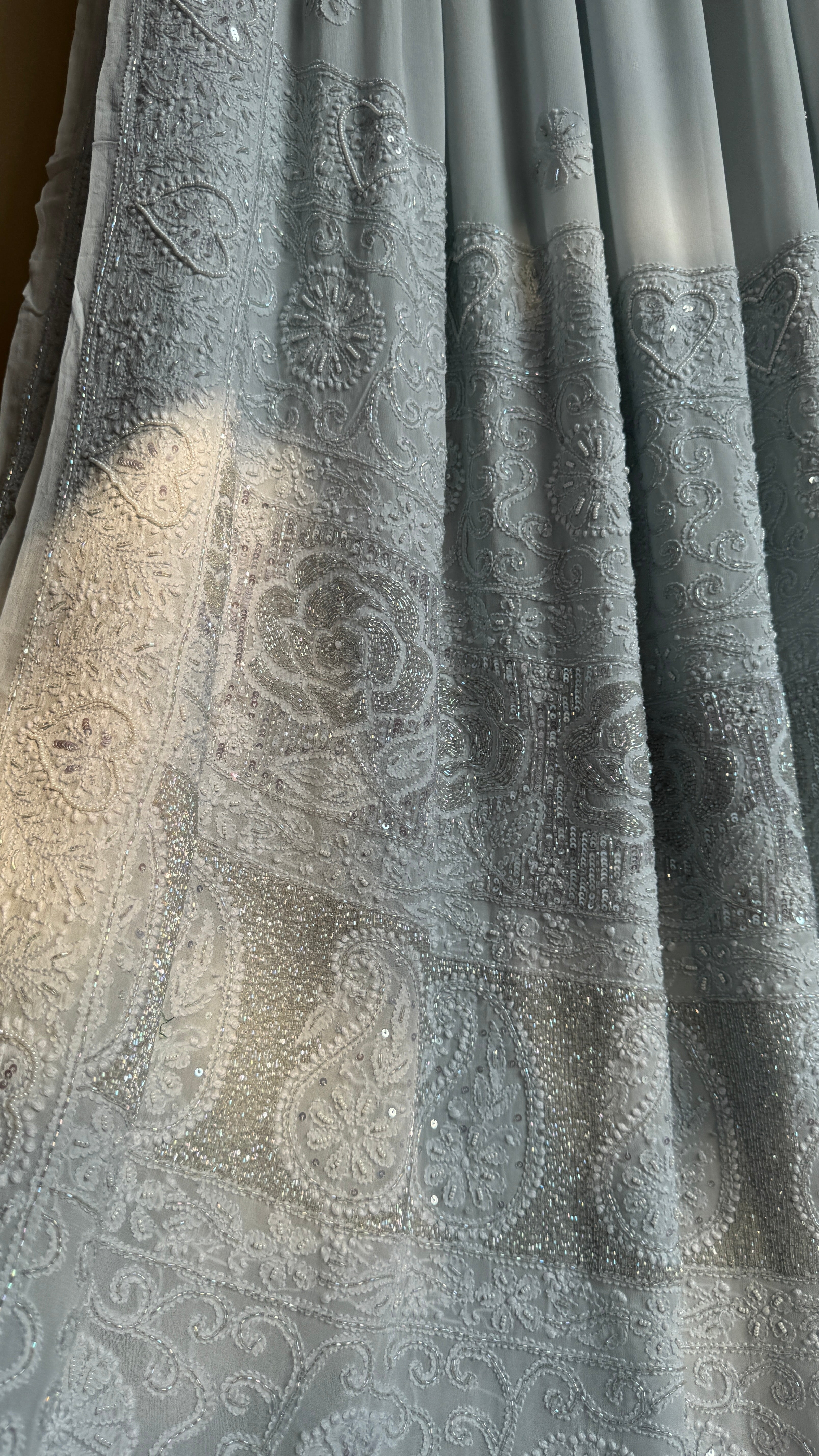 Viscose Light cool grey Chikankari saree with Pearl embellishments