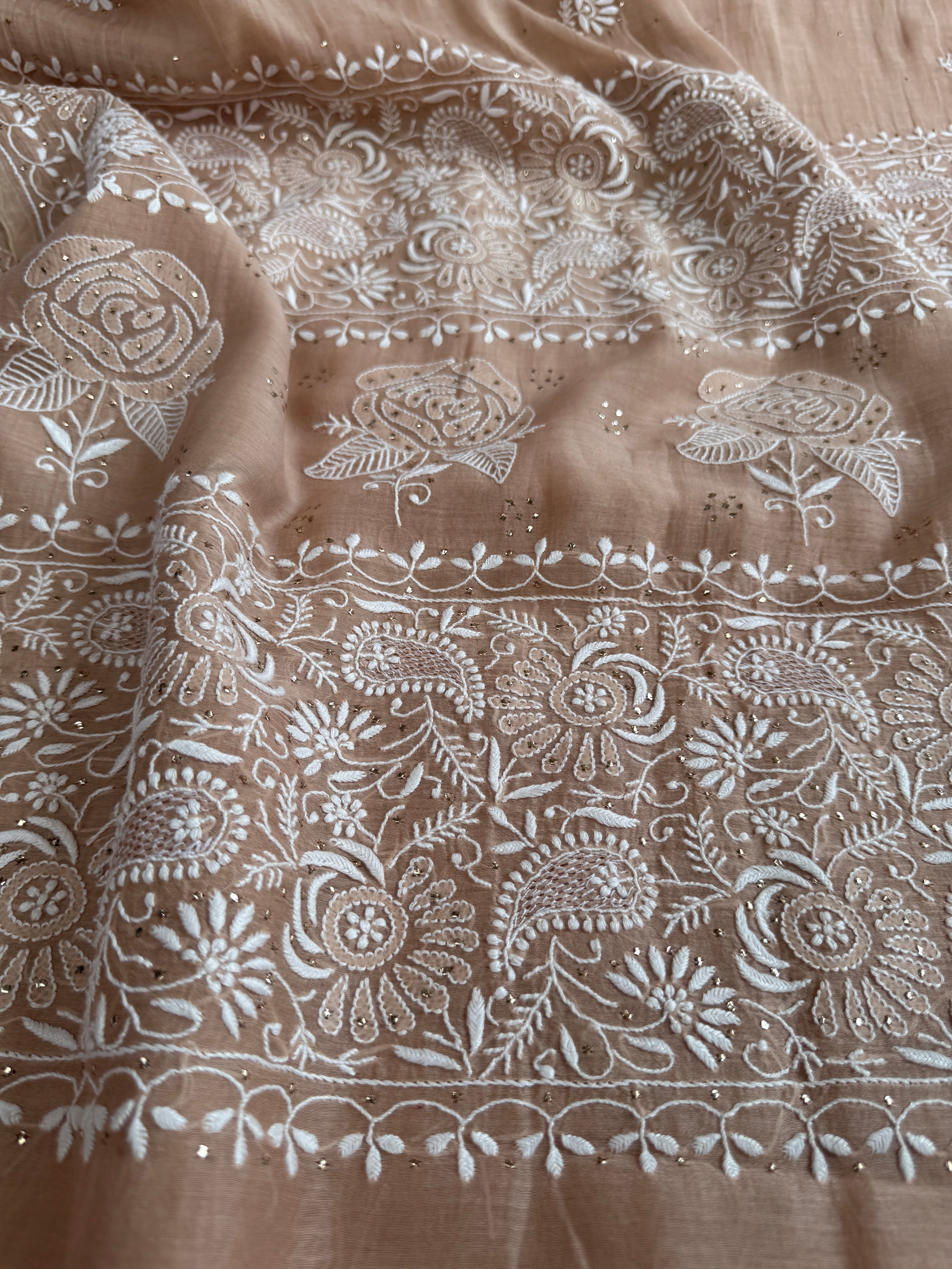 Pure Mul Chanderi Chikankari saree in Brown Beige with Mukaish work