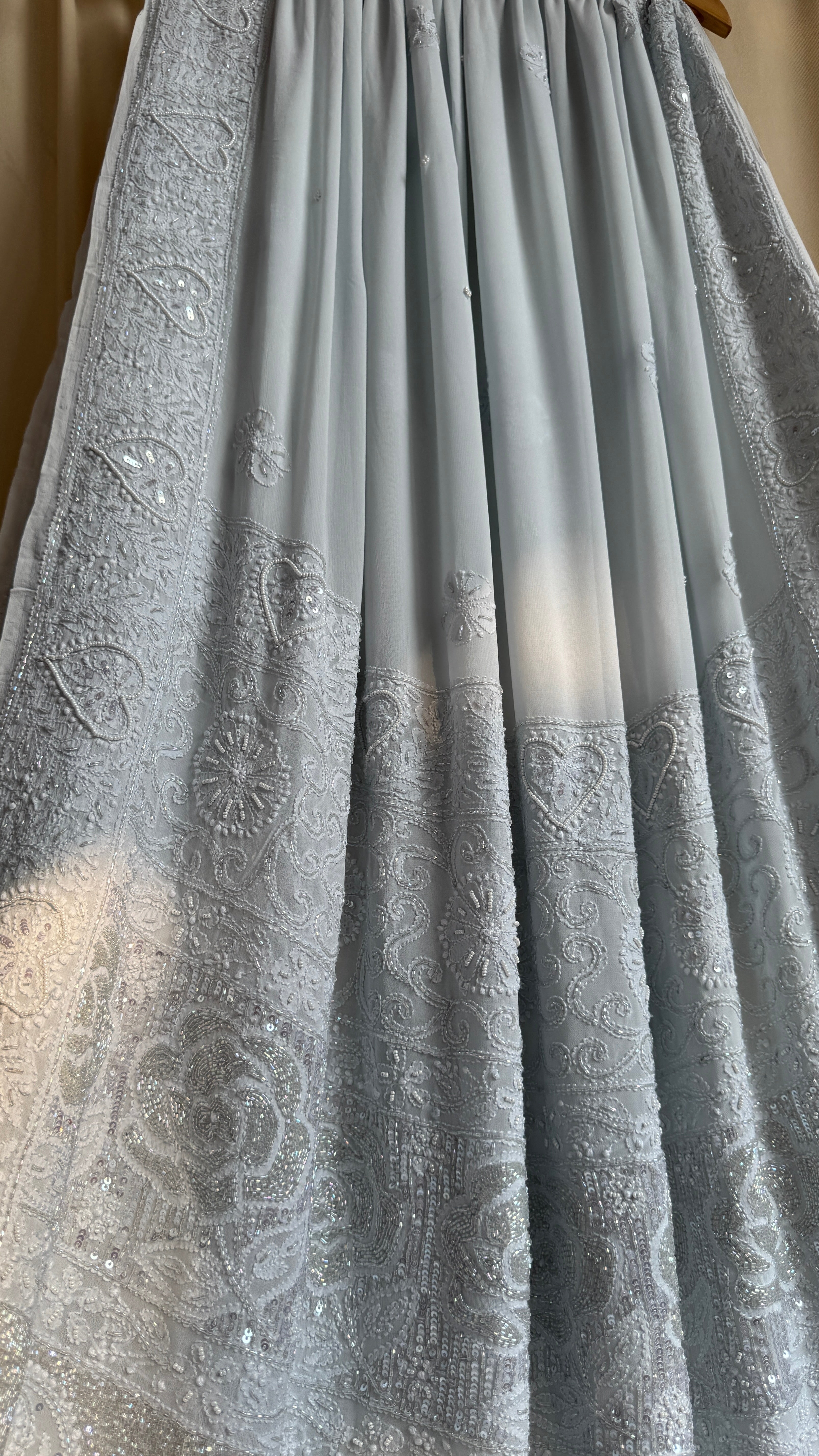 Viscose Light cool grey Chikankari saree with Pearl embellishments