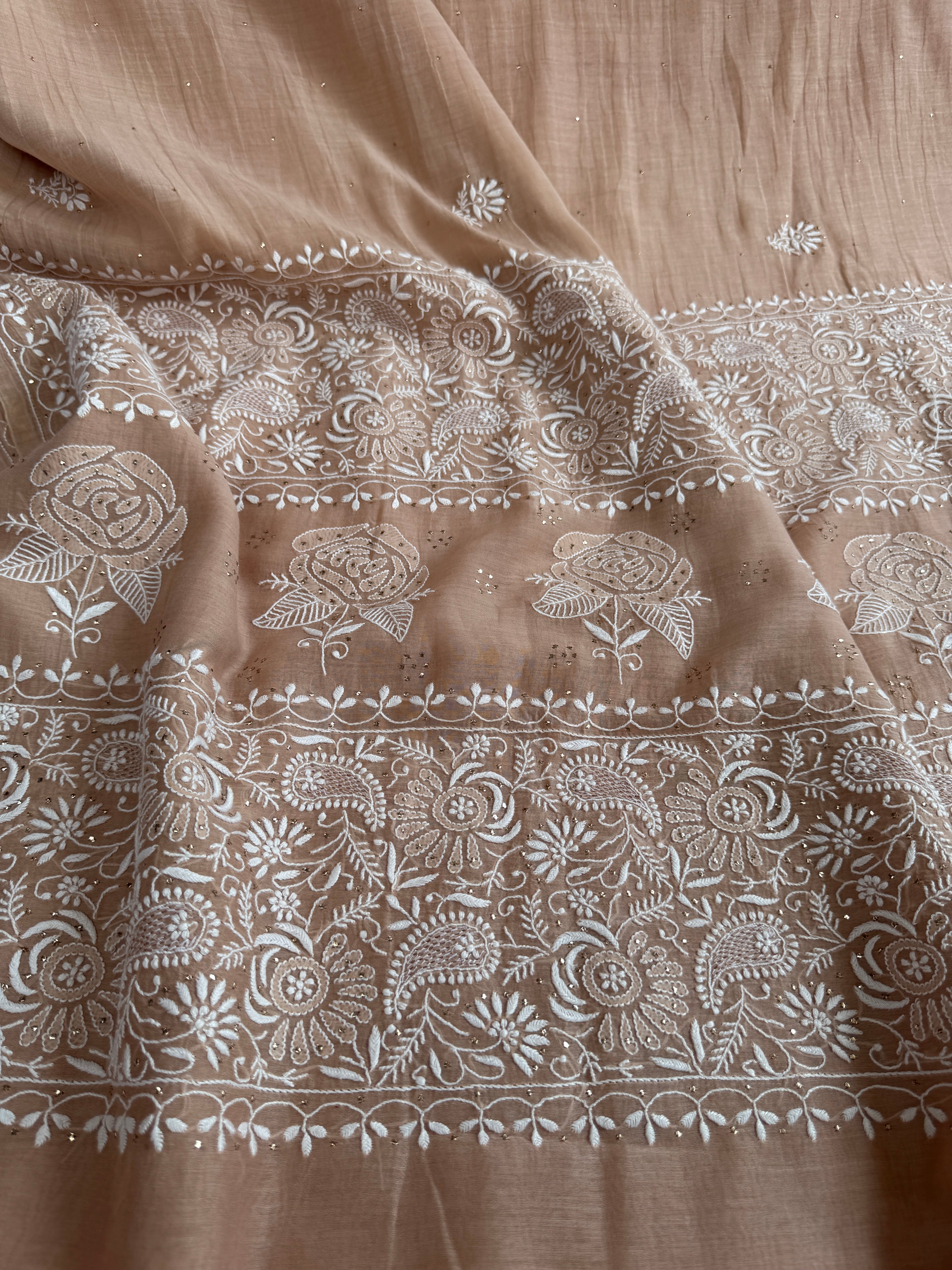 Pure Mul Chanderi Chikankari saree in Brown Beige with Mukaish work