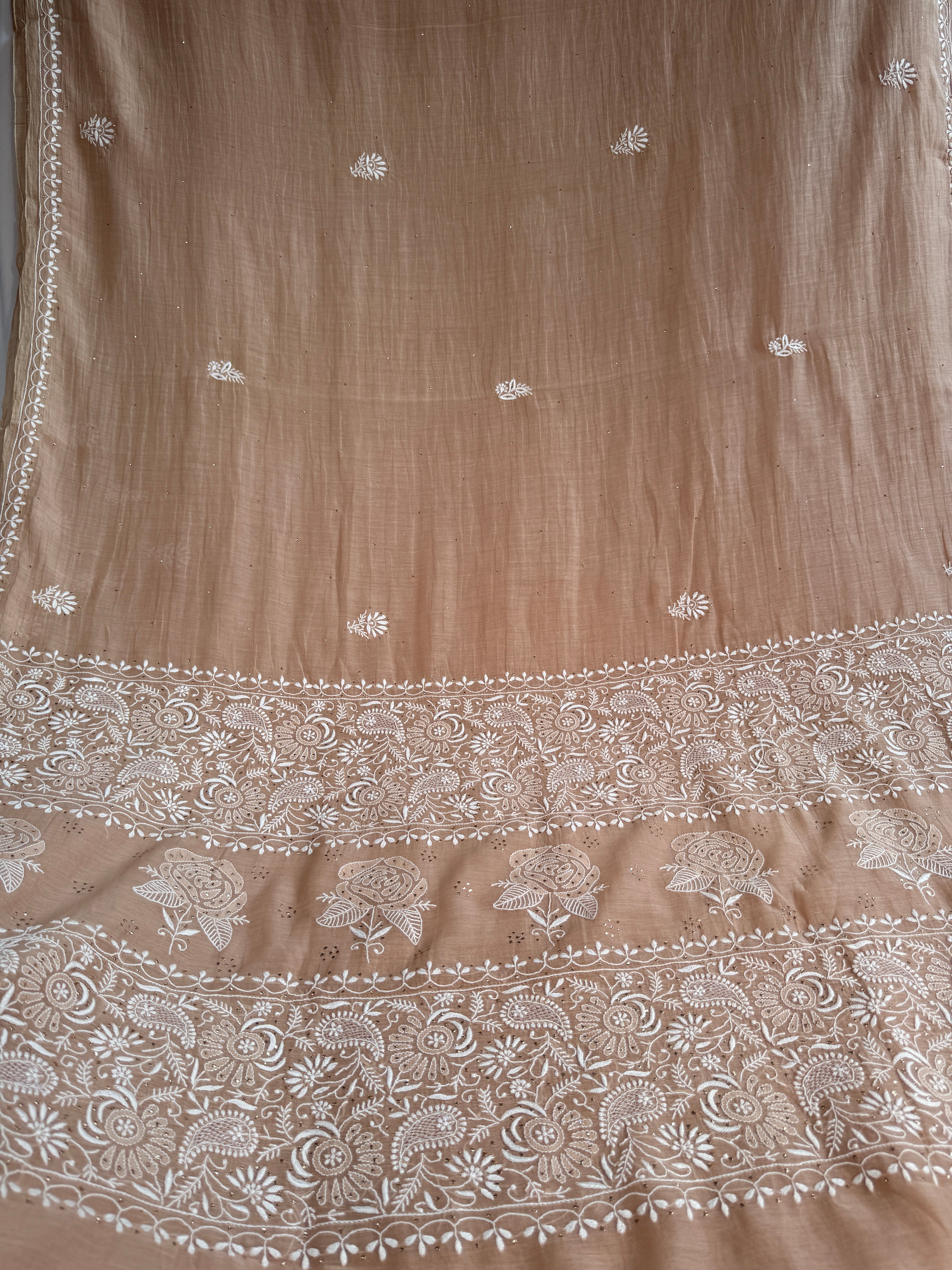Pure Mul Chanderi Chikankari saree in Brown Beige with Mukaish work