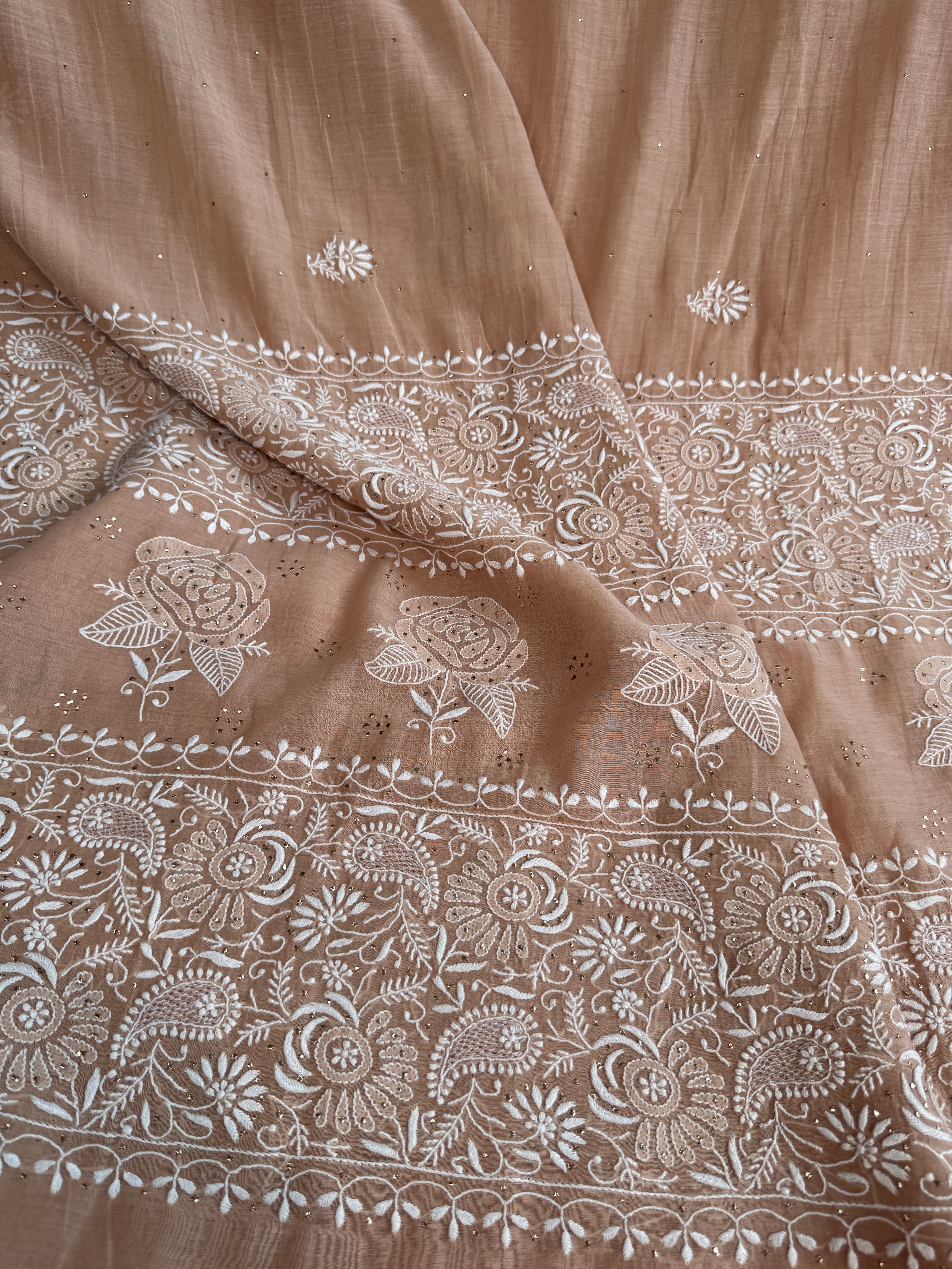 Pure Mul Chanderi Chikankari saree in Brown Beige with Mukaish work