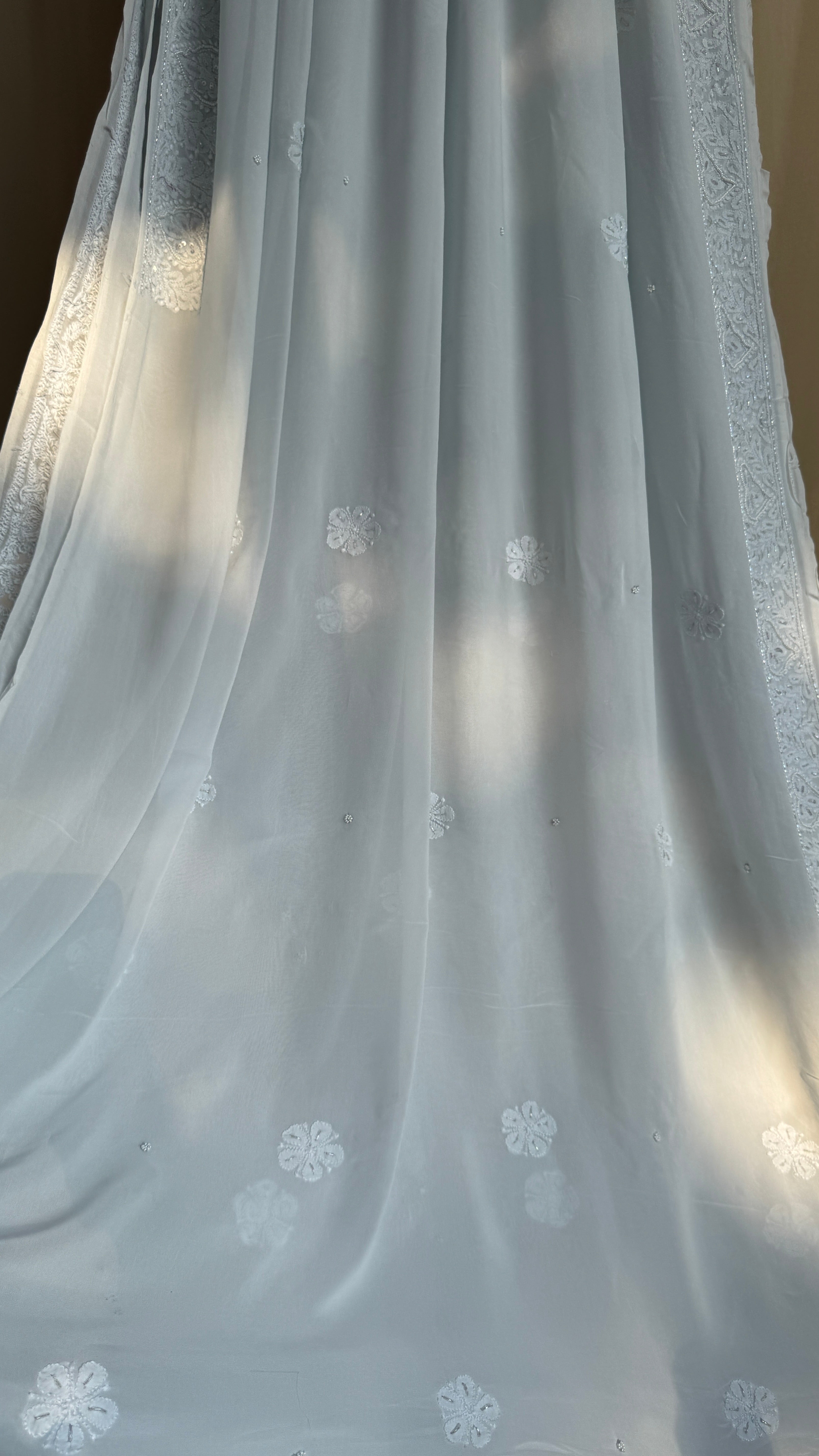 Viscose Light cool grey Chikankari saree with Pearl embellishments