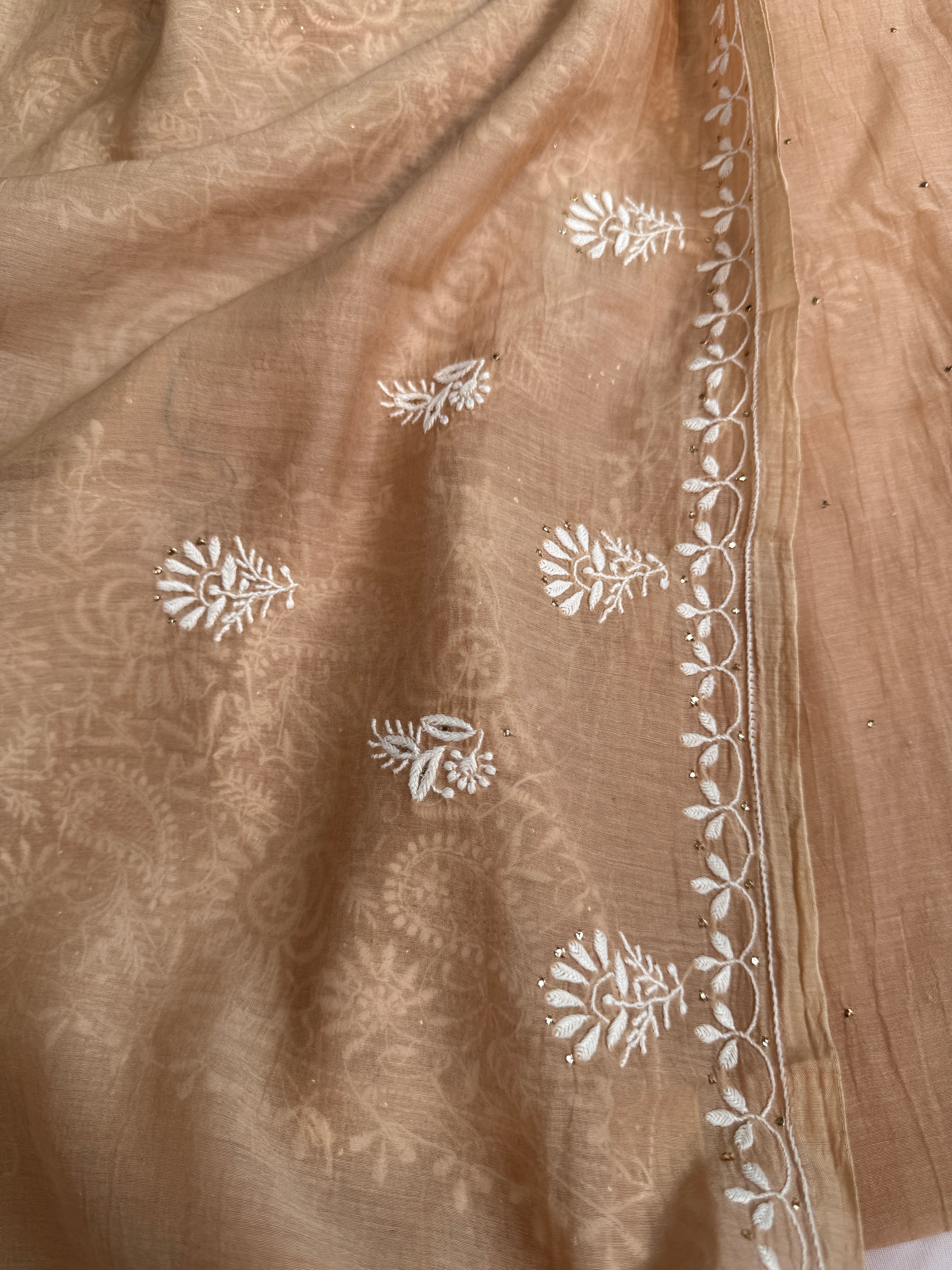 Pure Mul Chanderi Chikankari saree in Brown Beige with Mukaish work