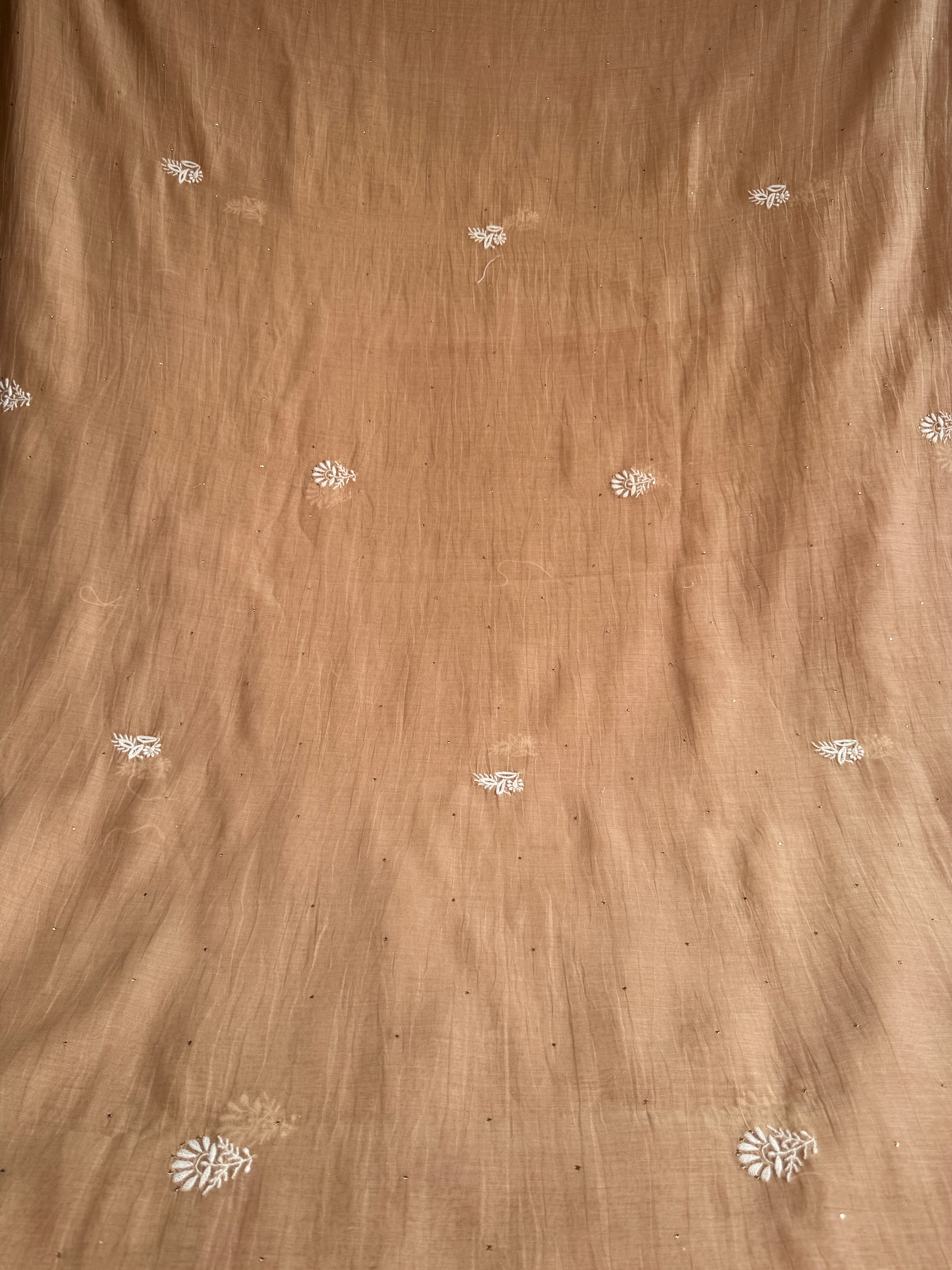 Pure Mul Chanderi Chikankari saree in Brown Beige with Mukaish work