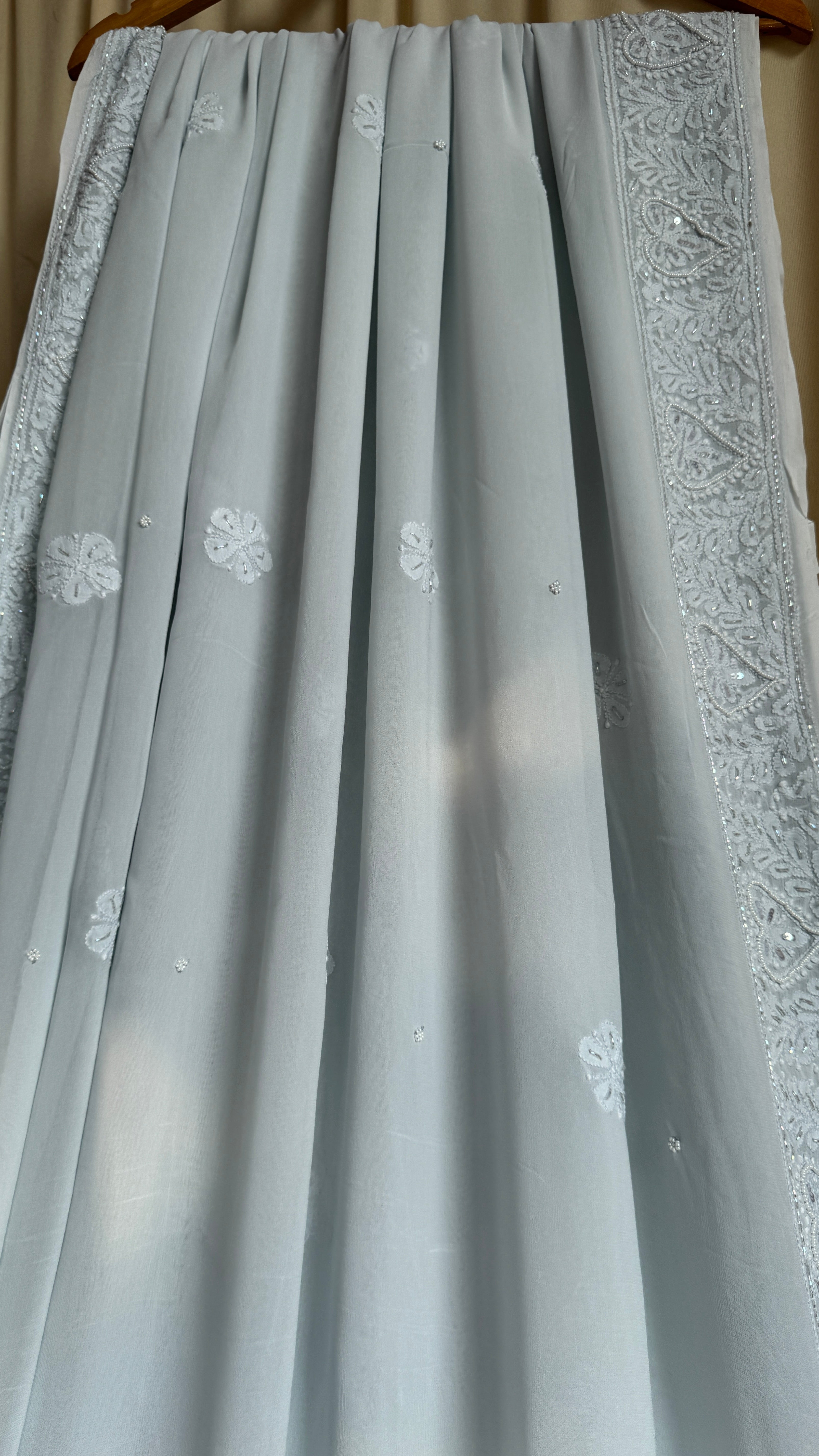 Viscose Light cool grey Chikankari saree with Pearl embellishments