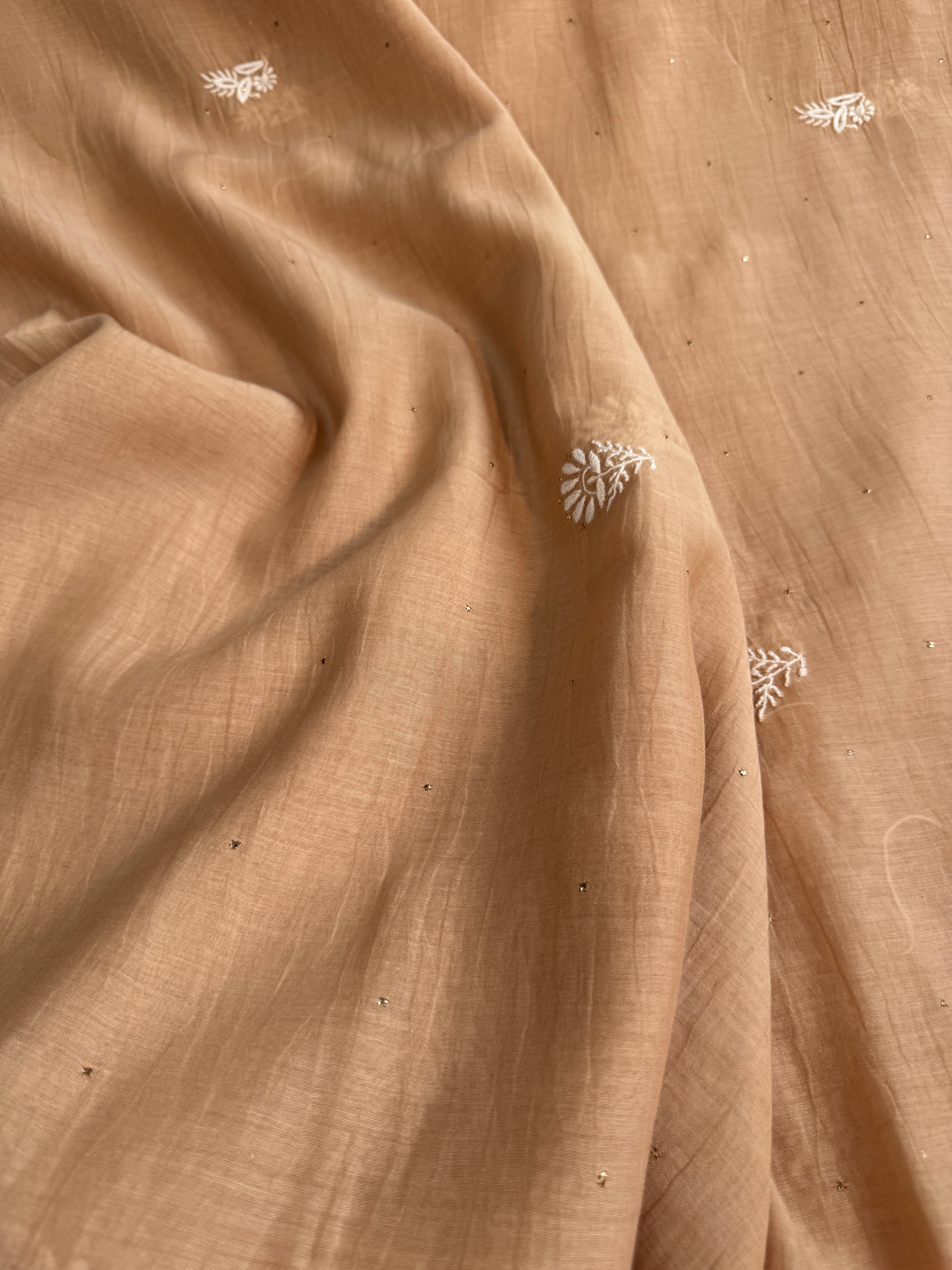 Pure Mul Chanderi Chikankari saree in Brown Beige with Mukaish work