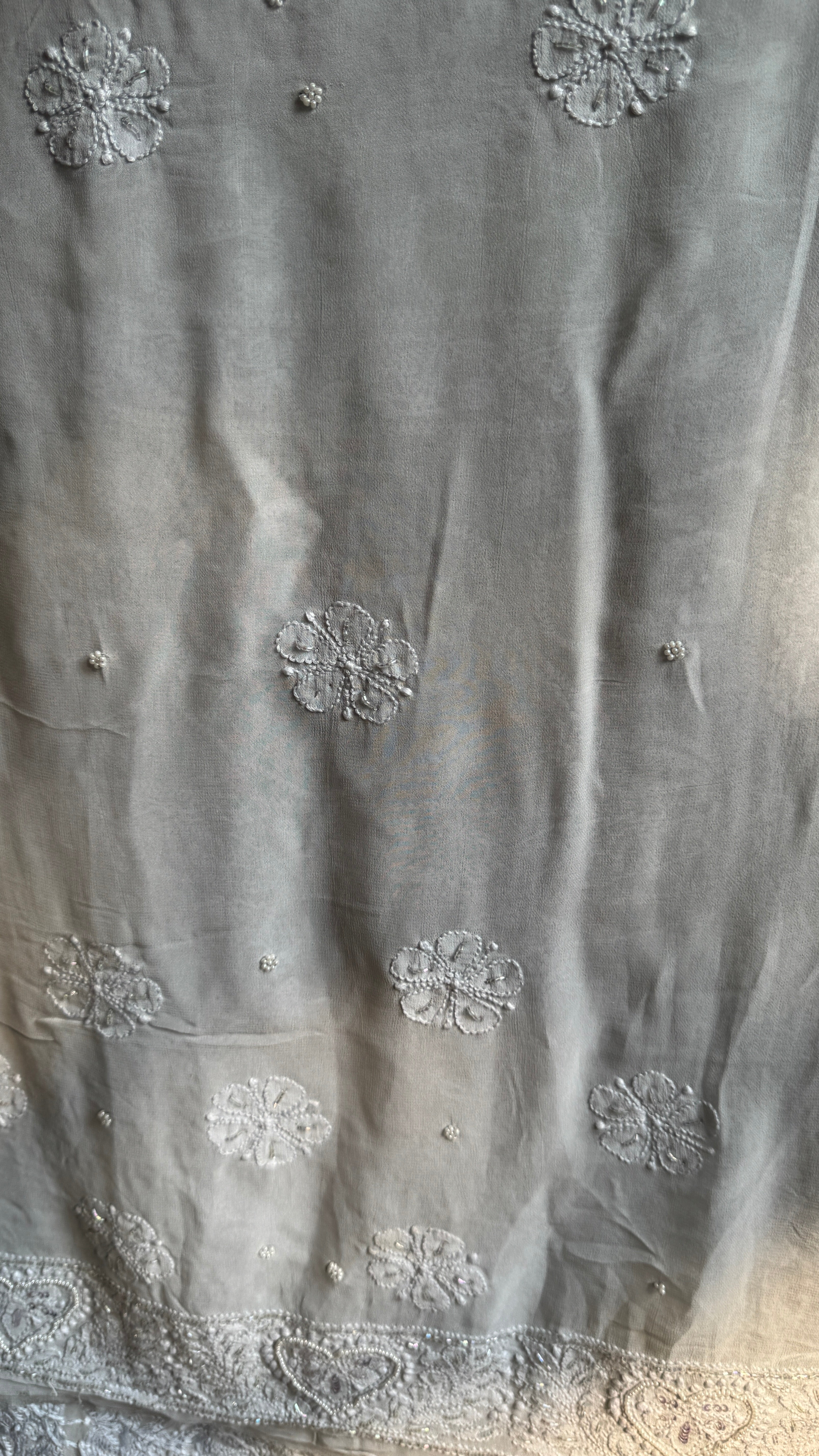 Viscose Light cool grey Chikankari saree with Pearl embellishments