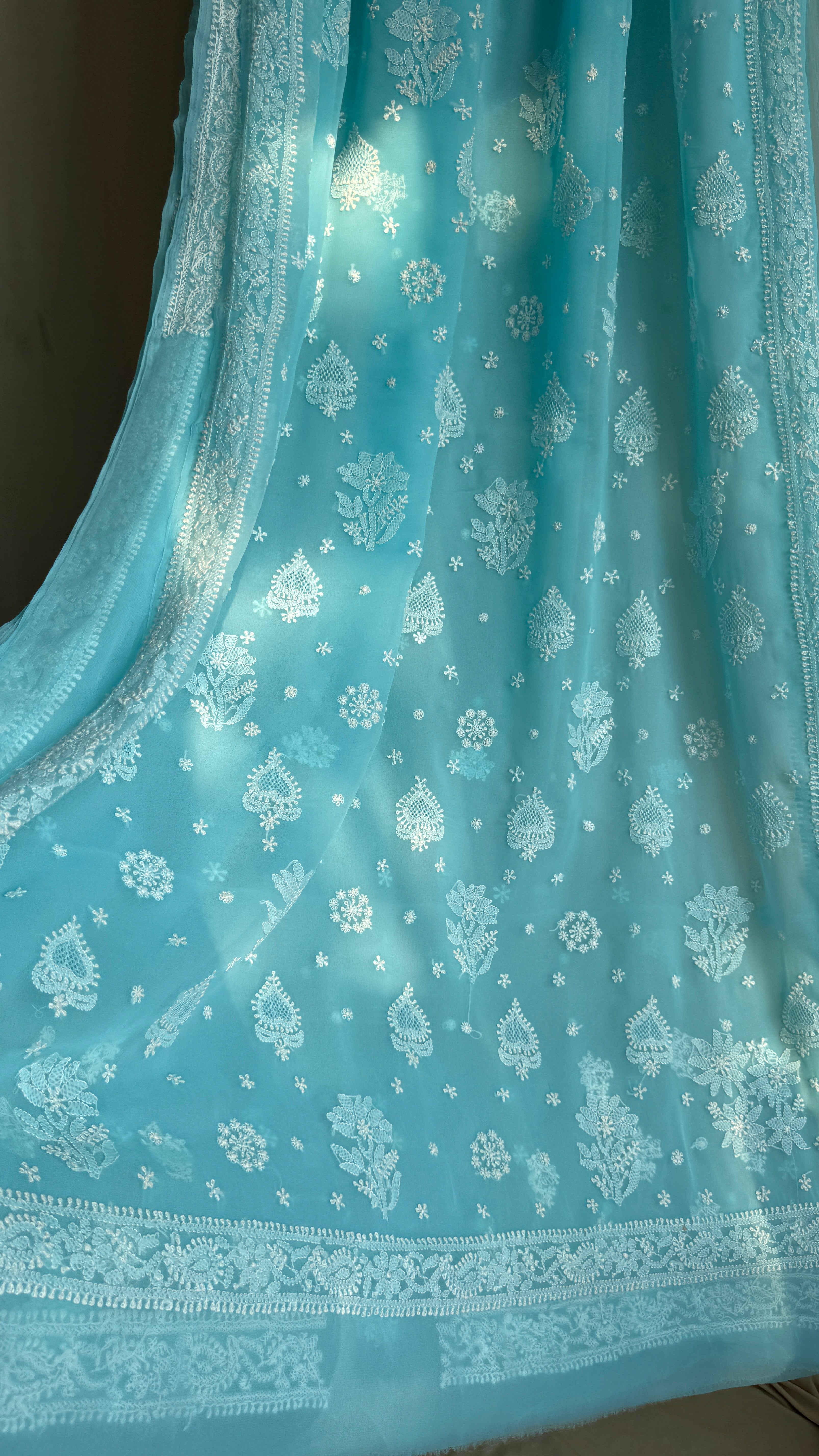 Georgette Chikankari saree in Firozi