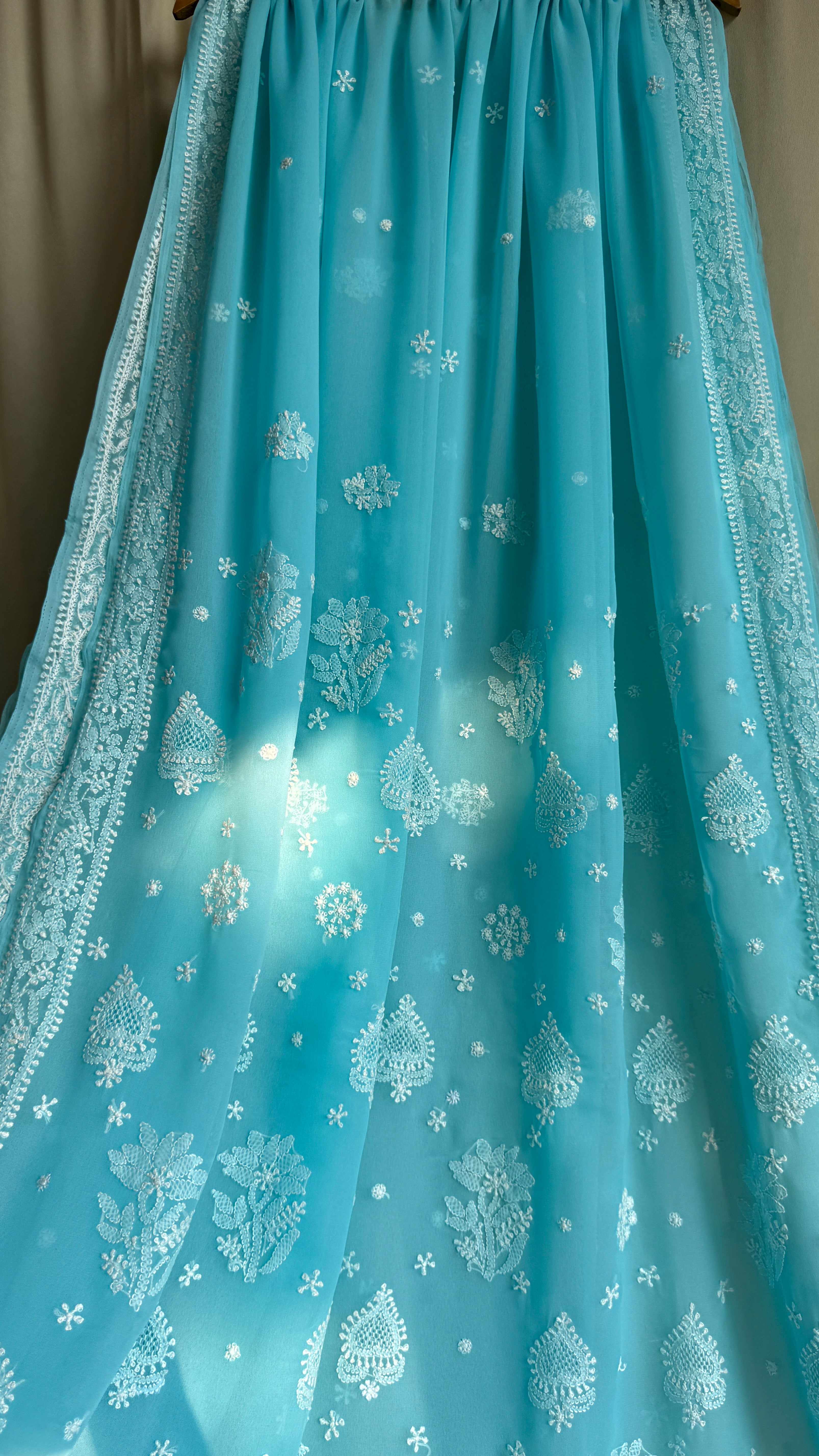 Georgette Chikankari saree in Firozi