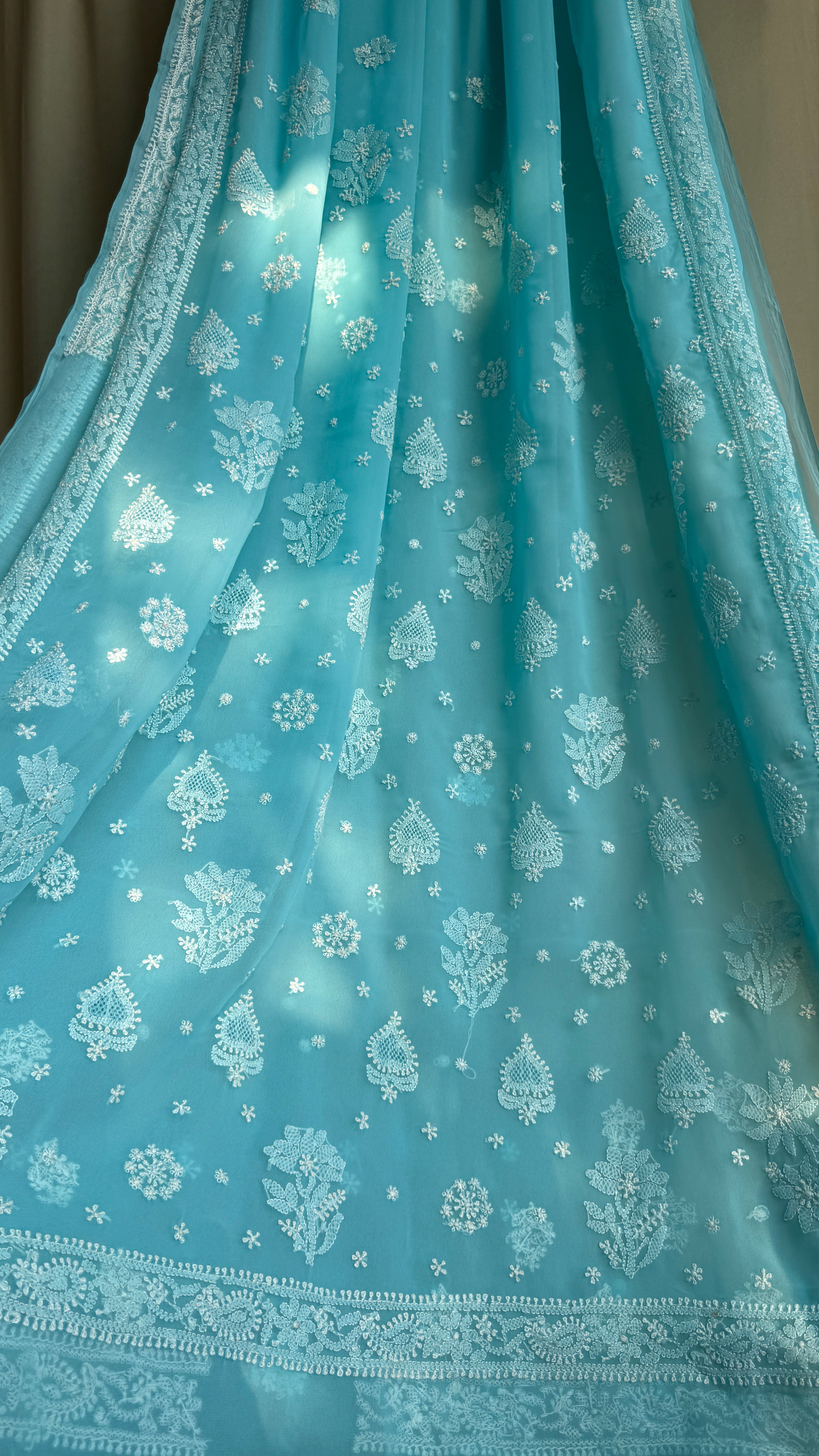 Georgette Chikankari saree in Firozi