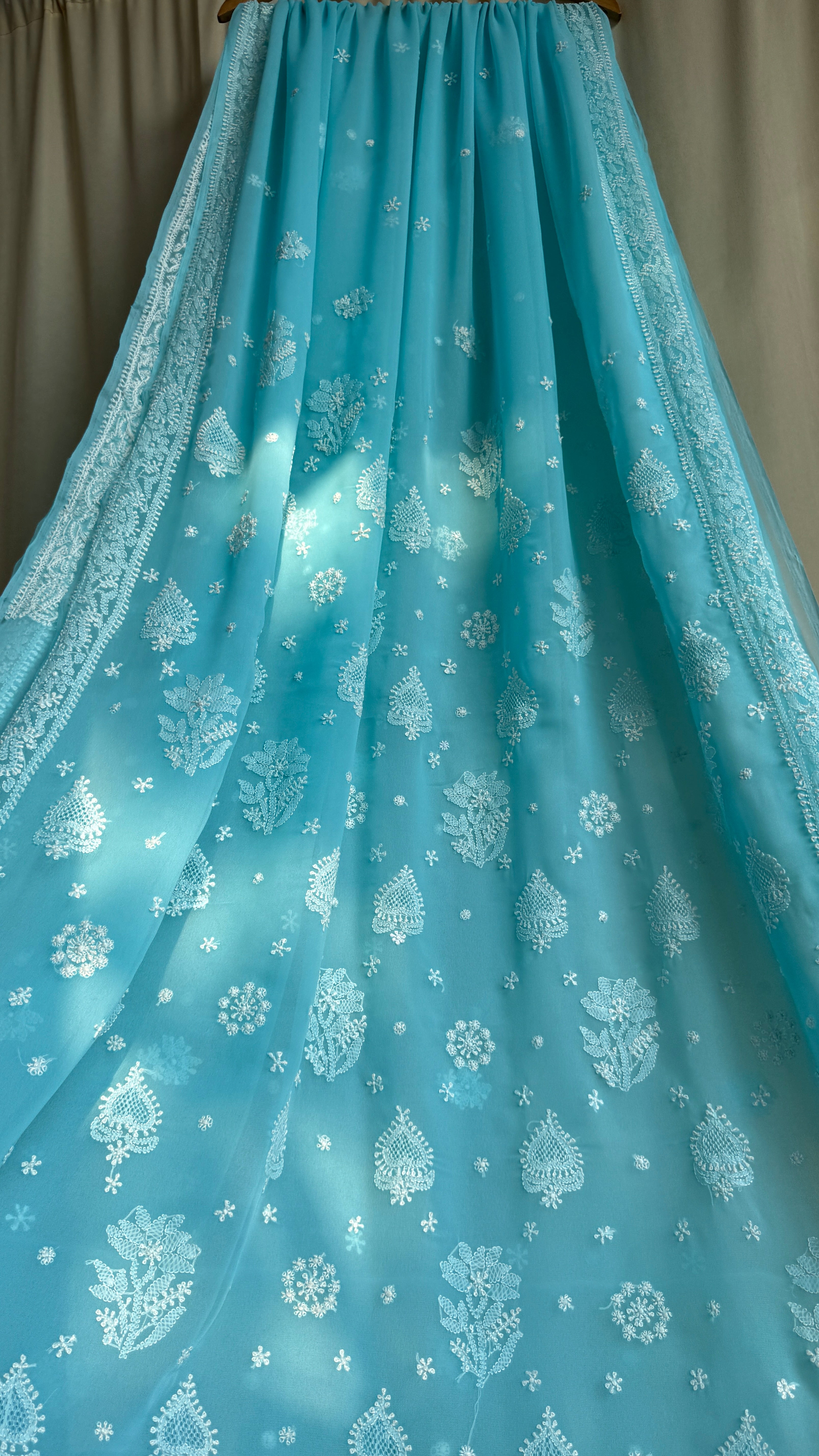 Georgette Chikankari saree in Firozi