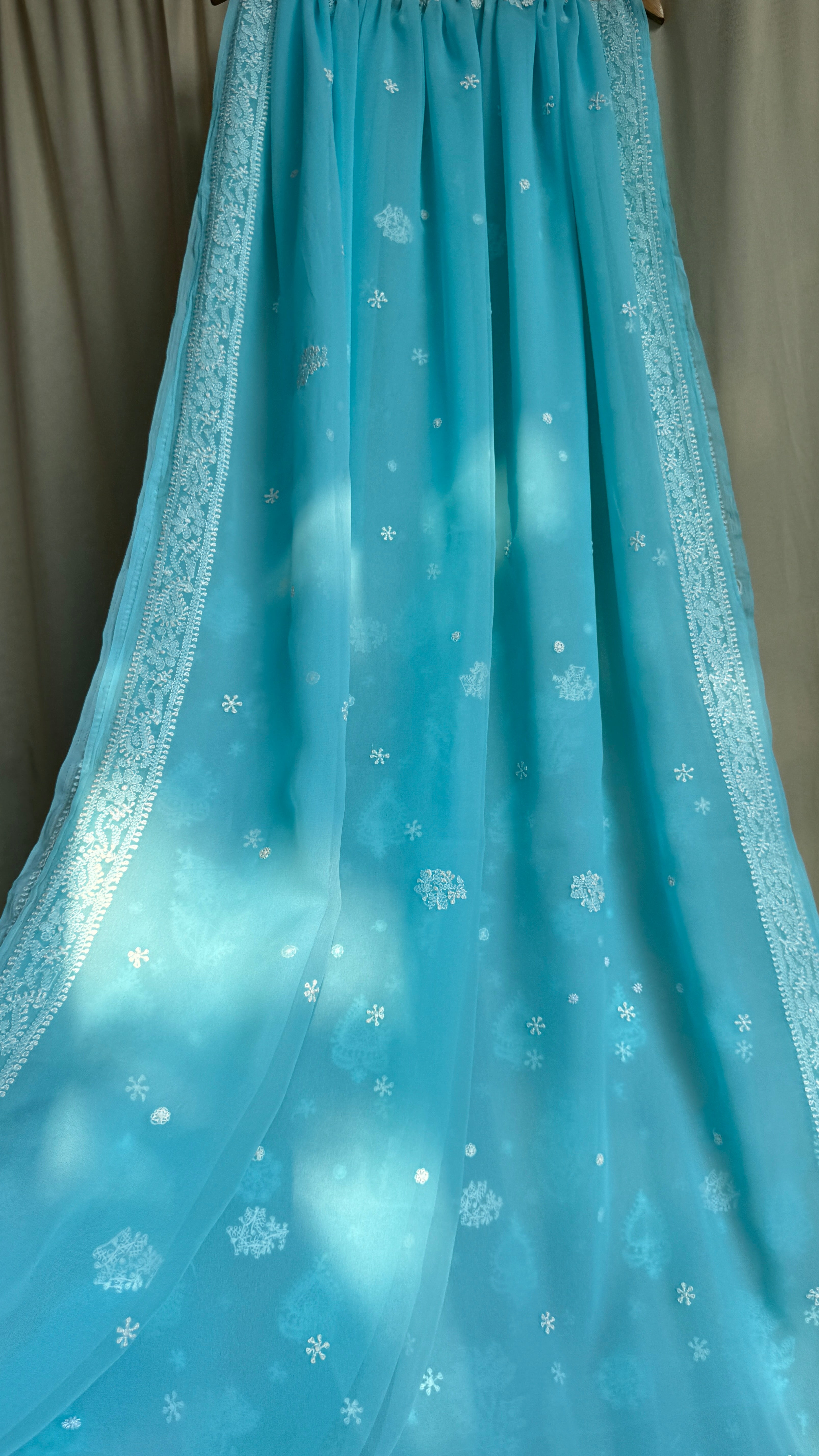 Georgette Chikankari saree in Firozi