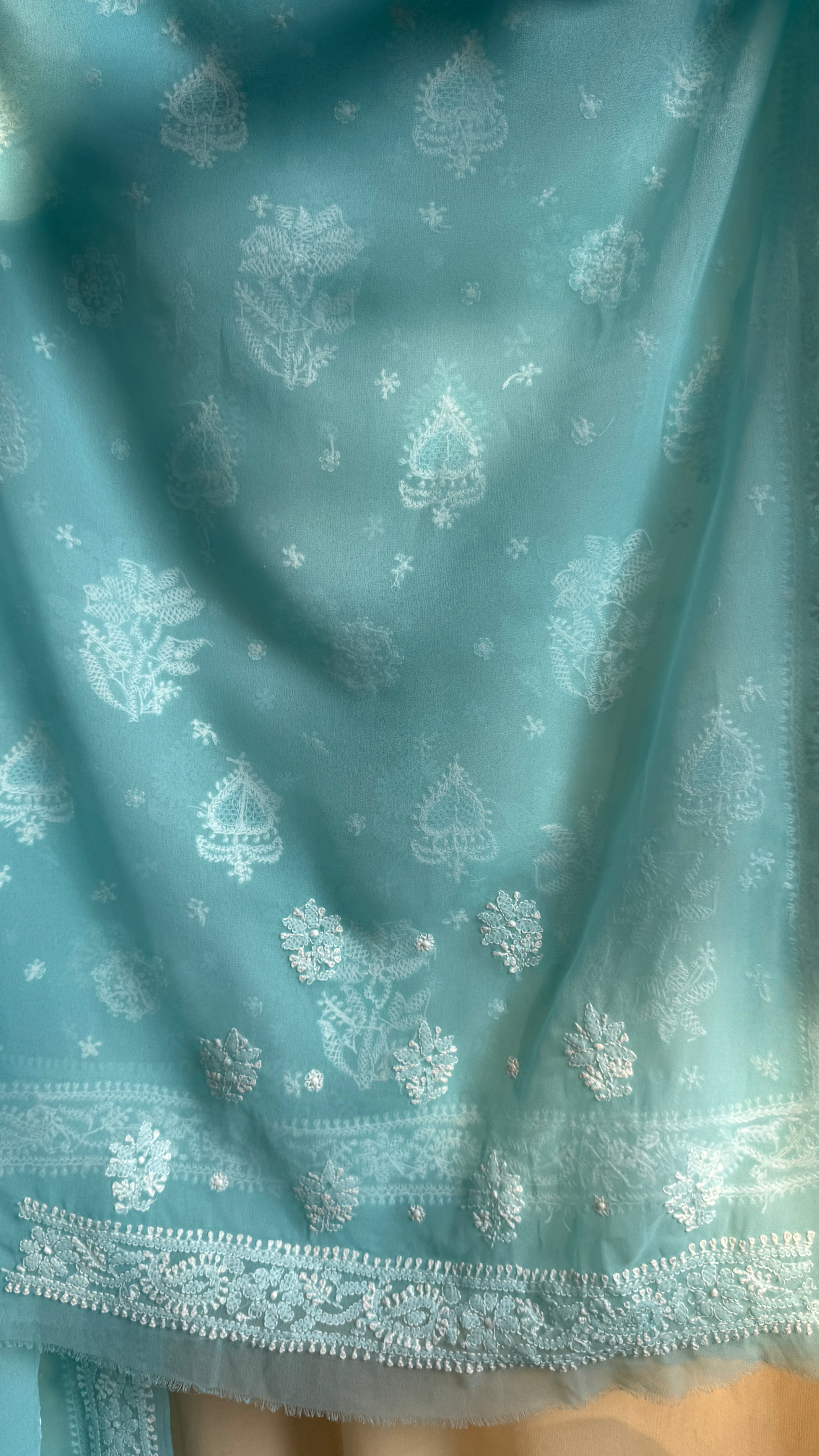 Georgette Chikankari saree in Firozi