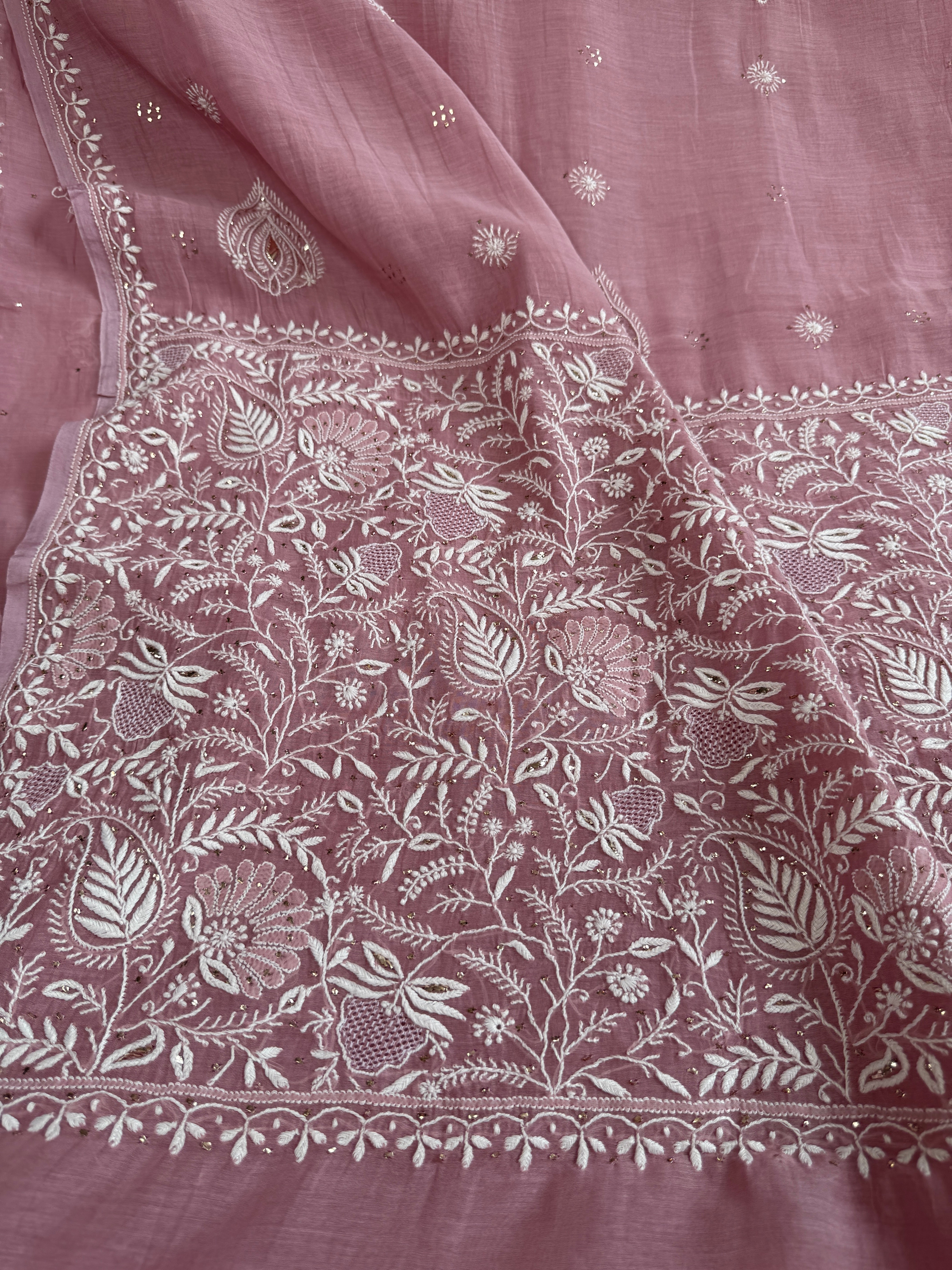 Pure Mul Chanderi Chikankari saree in Mauve with Mukaish work