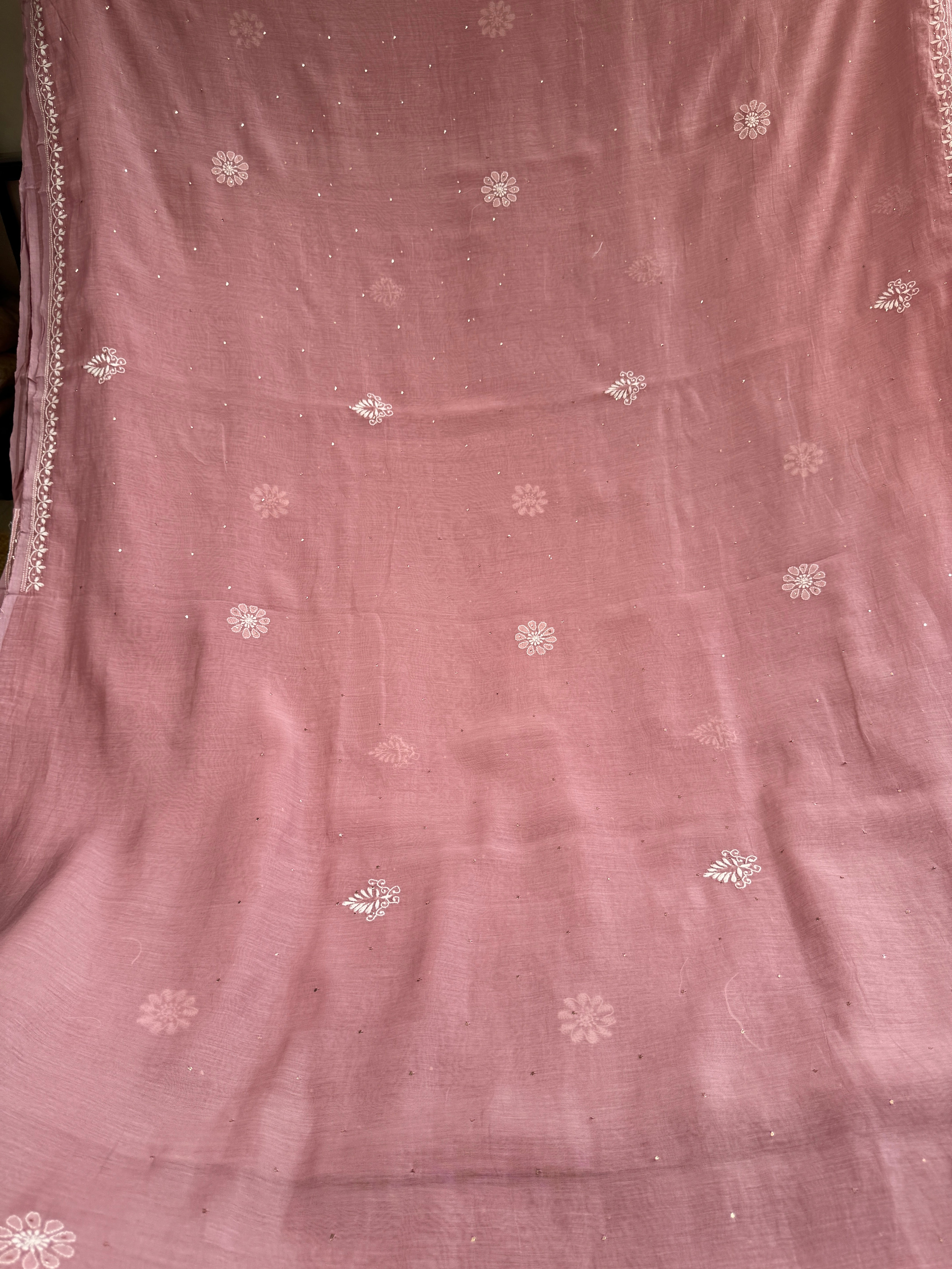 Pure Mul Chanderi Chikankari saree in Mauve with Mukaish work