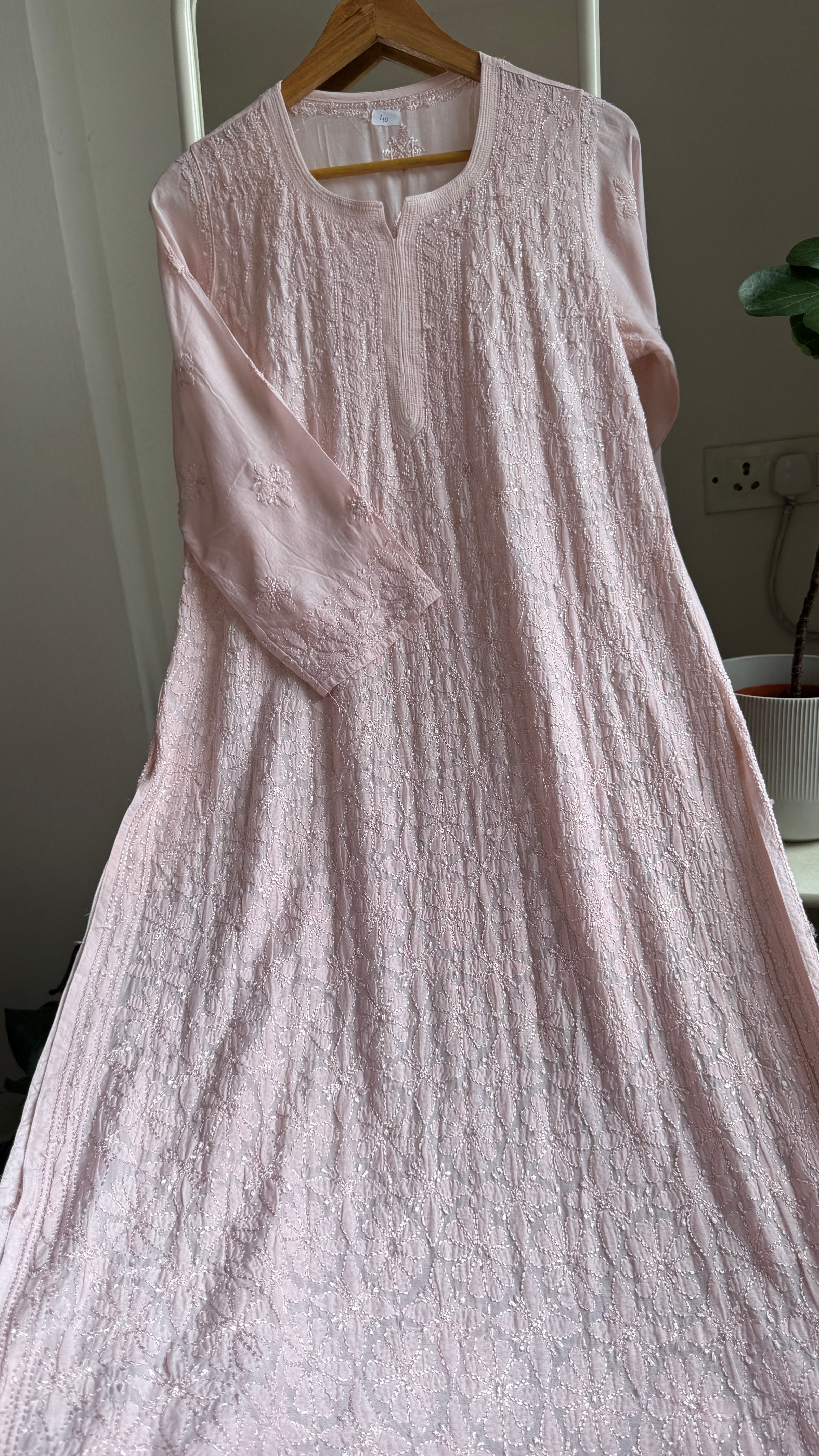 Muslin Chikankari Kurti - Pale Pink - BERRY Collection