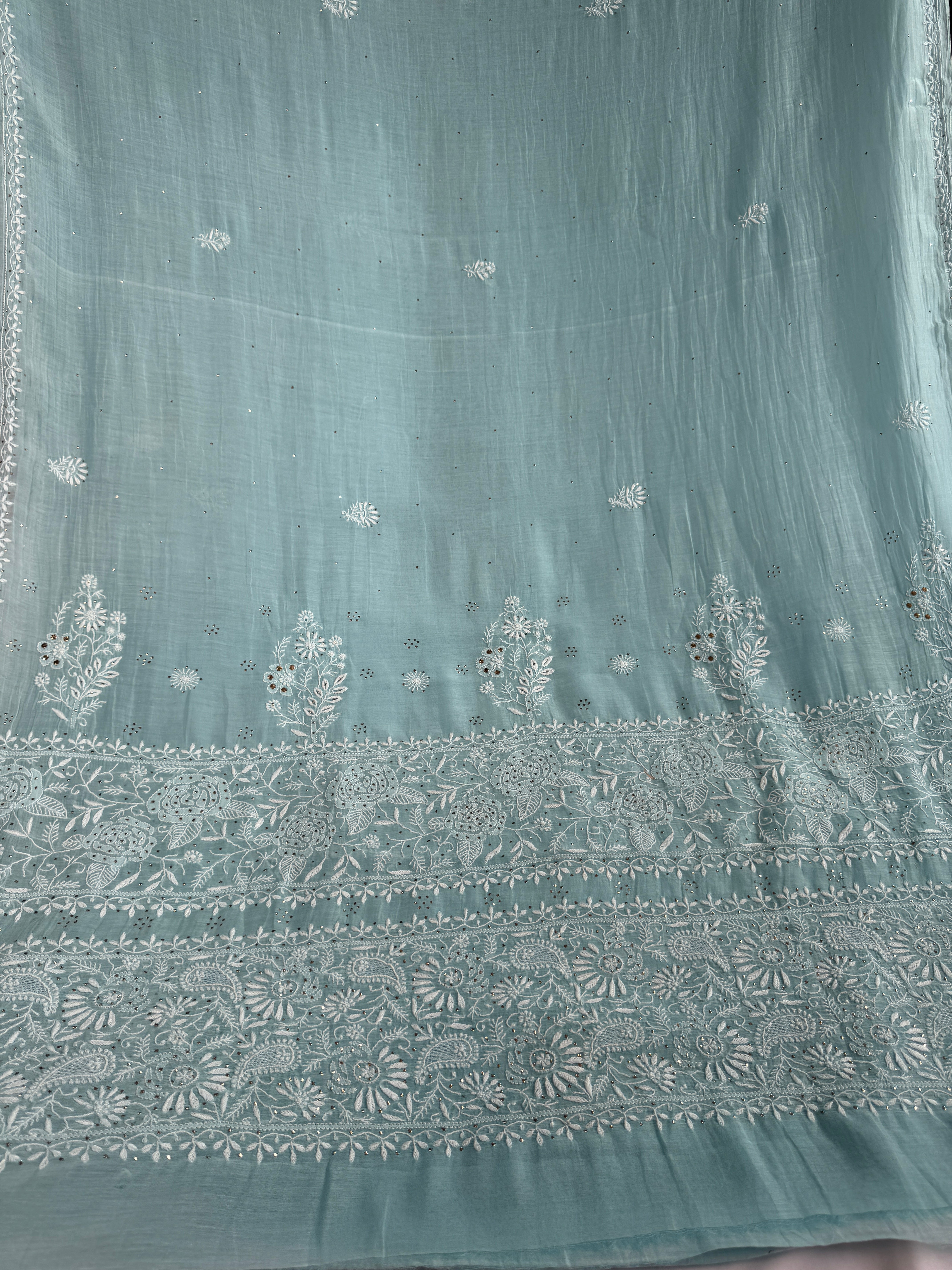 Pure Mul Chanderi Chikankari saree in Blue with Mukaish work