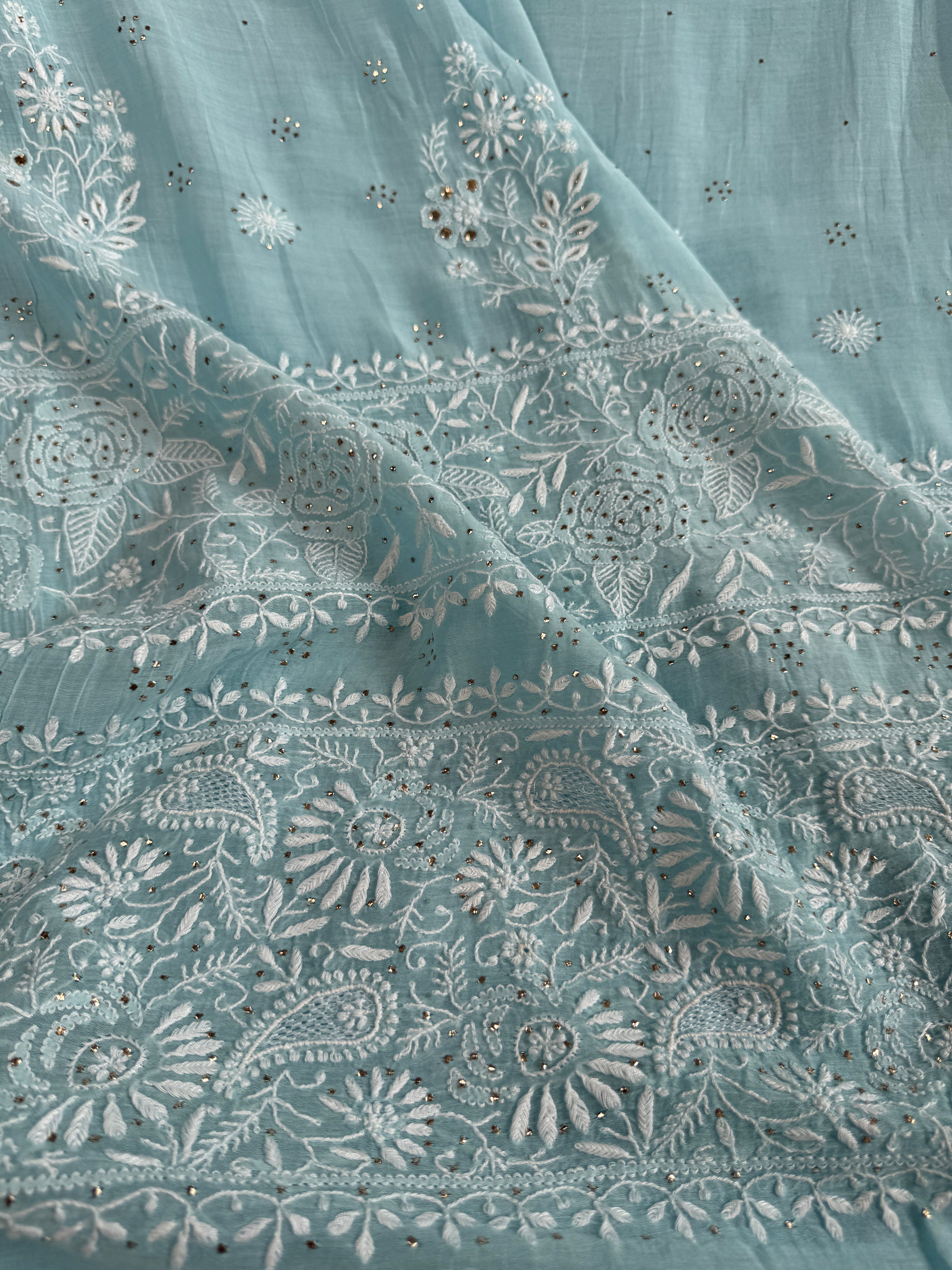 Pure Mul Chanderi Chikankari saree in Blue with Mukaish work