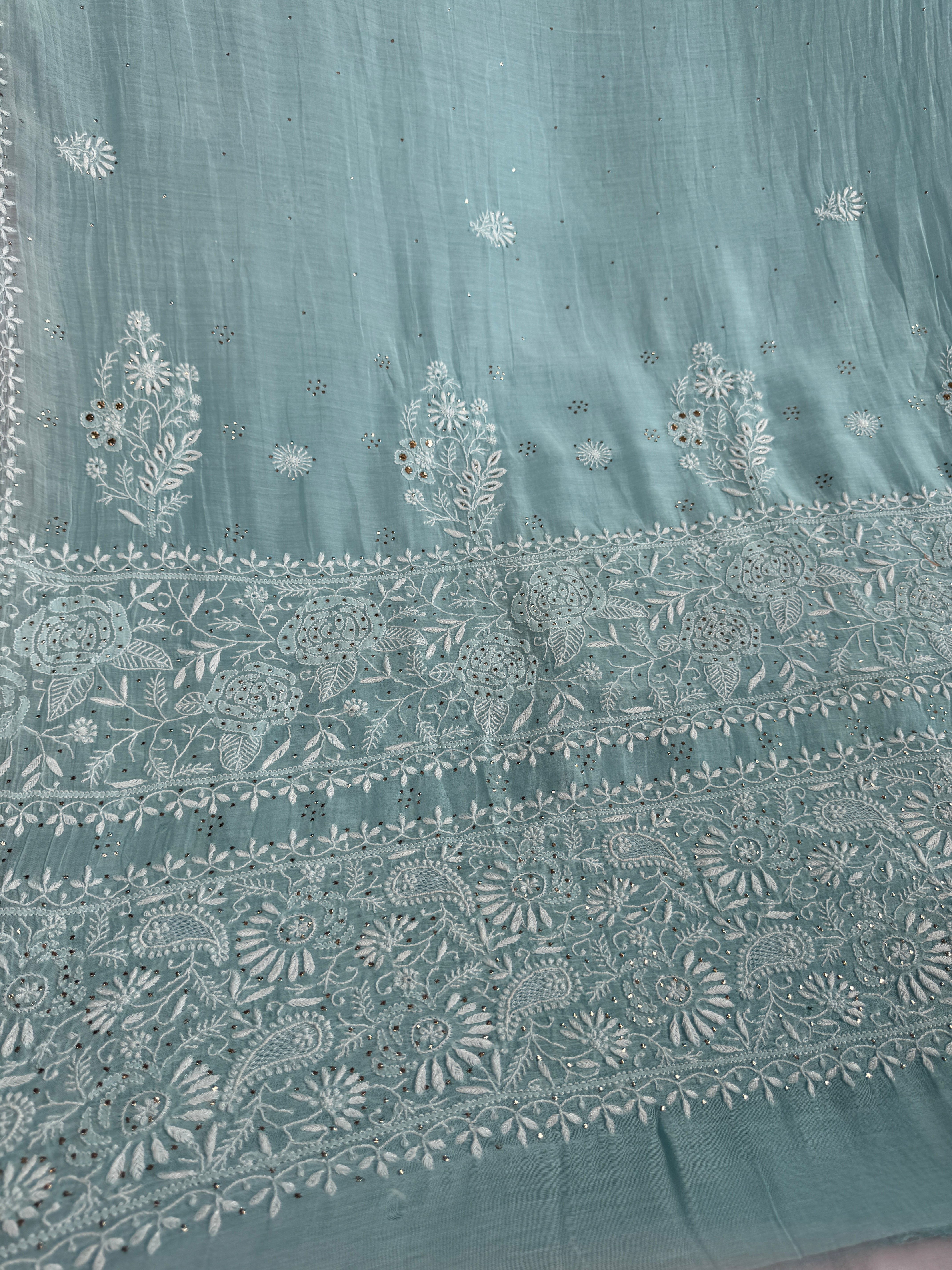 Pure Mul Chanderi Chikankari saree in Blue with Mukaish work