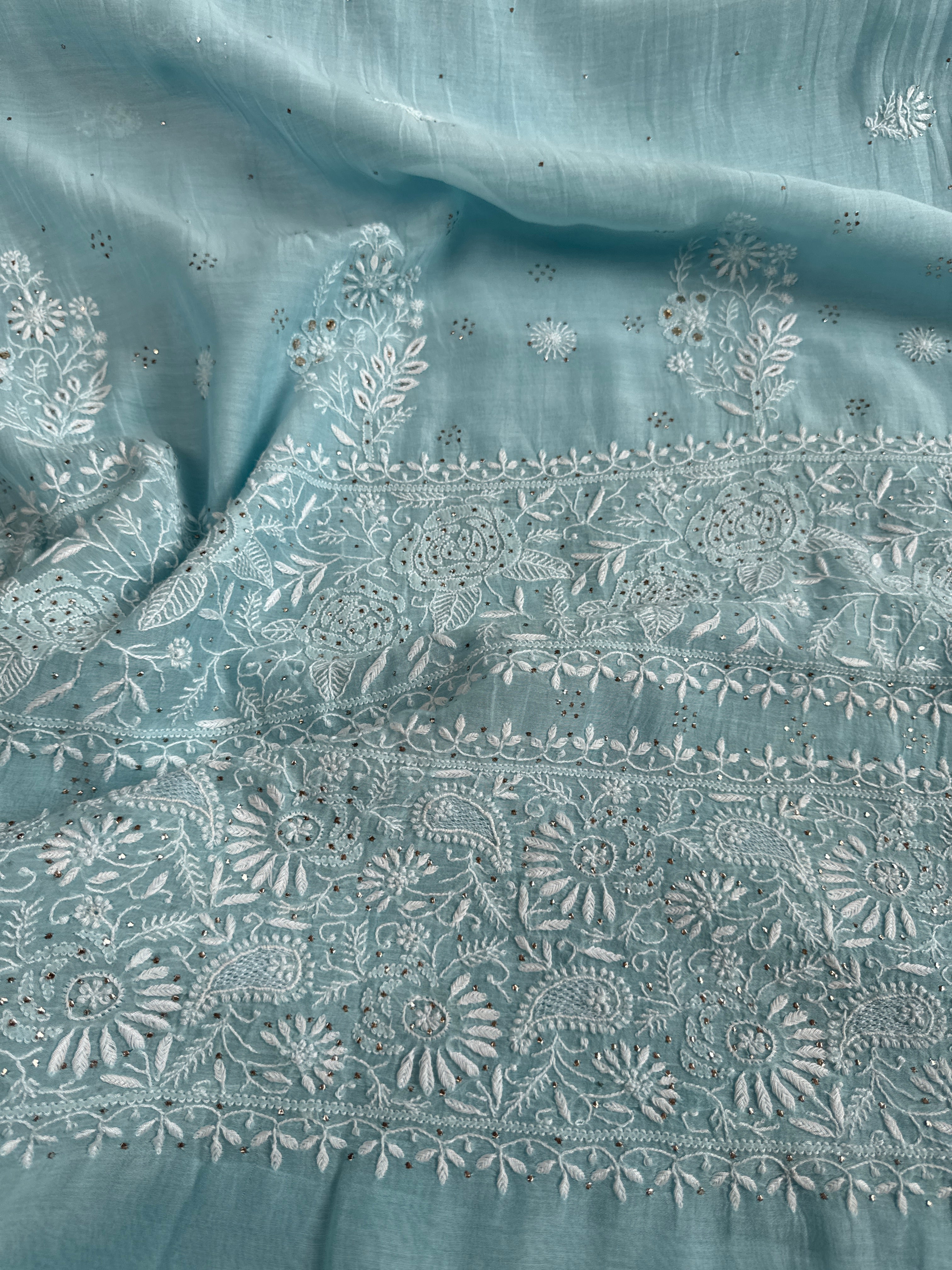 Pure Mul Chanderi Chikankari saree in Blue with Mukaish work