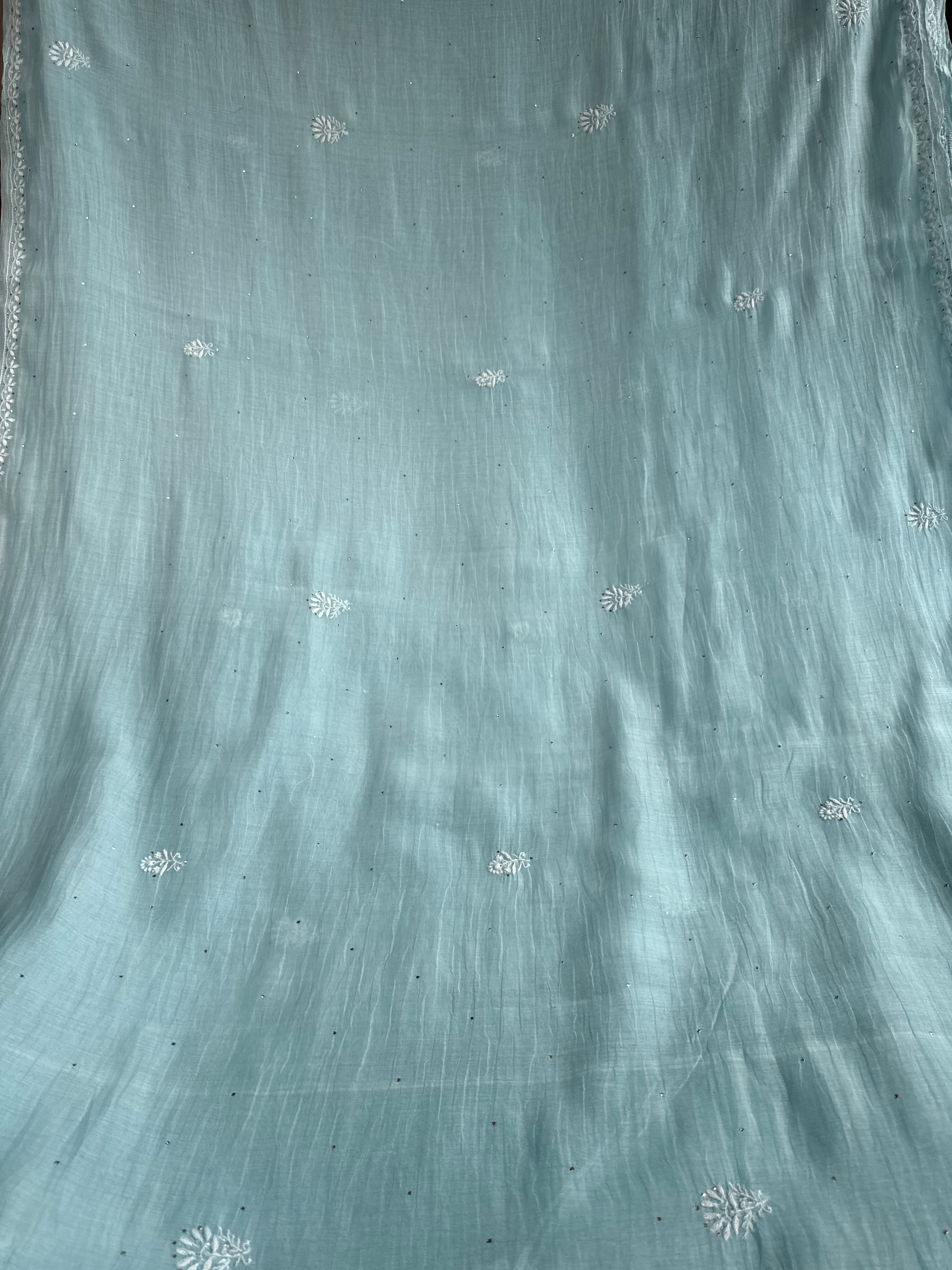 Pure Mul Chanderi Chikankari saree in Blue with Mukaish work
