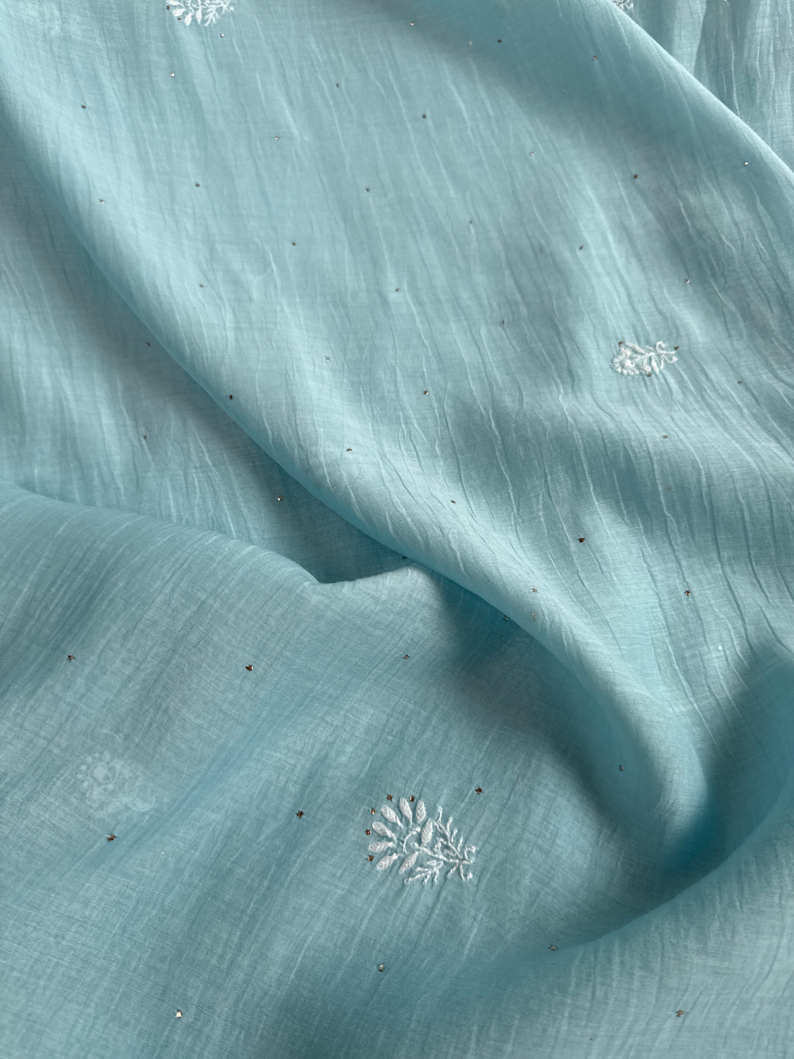 Pure Mul Chanderi Chikankari saree in Blue with Mukaish work