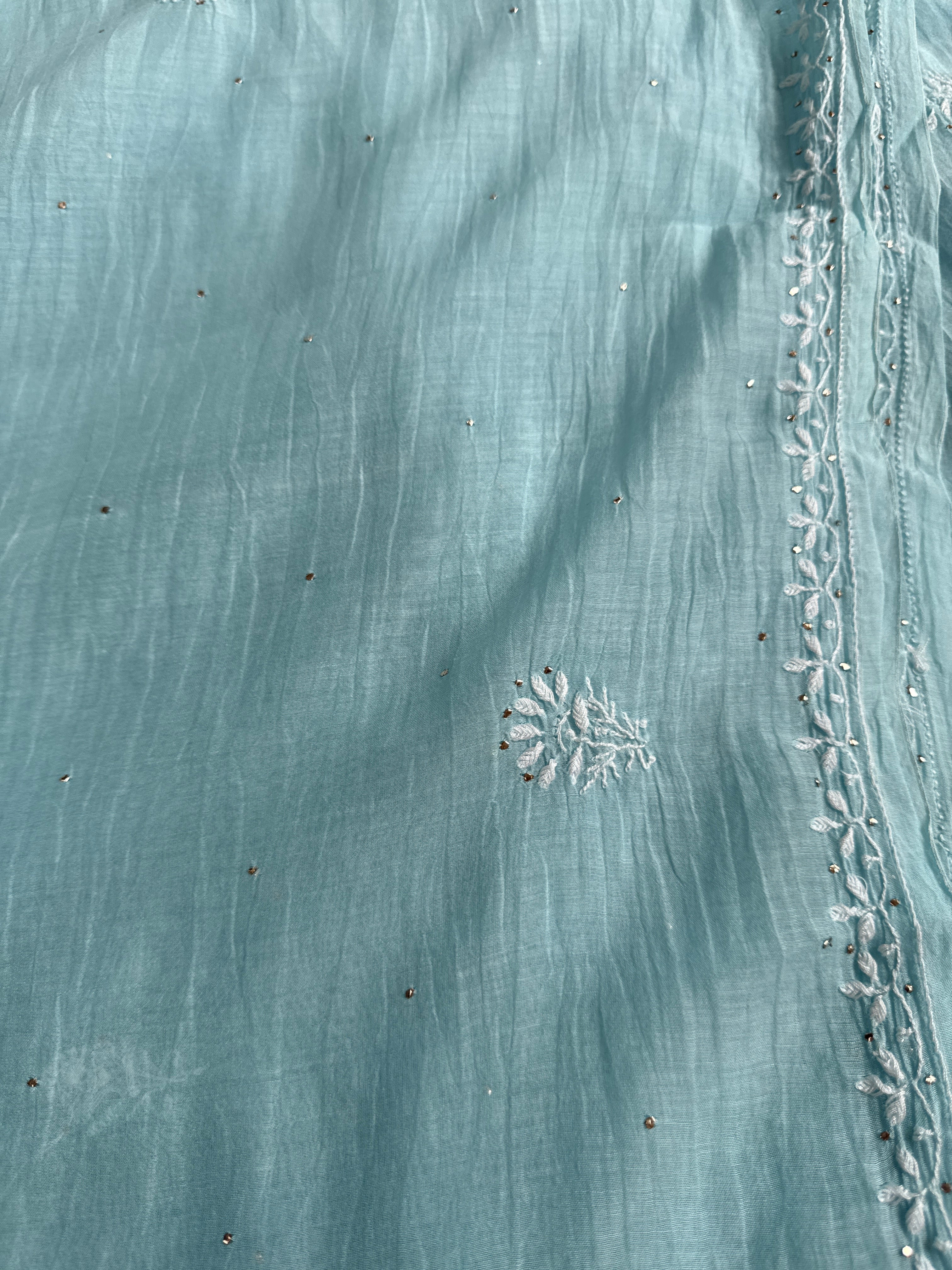 Pure Mul Chanderi Chikankari saree in Blue with Mukaish work