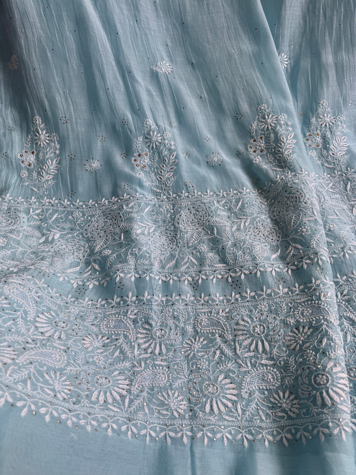 Pure Mul Chanderi Chikankari saree in Blue with Mukaish work