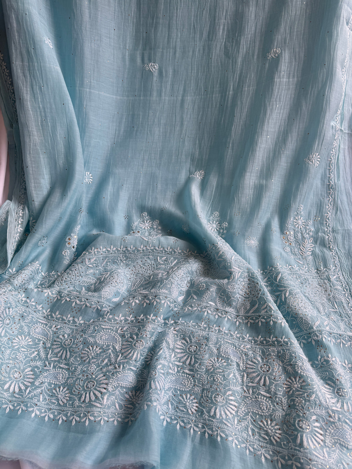 Pure Mul Chanderi Chikankari saree in Blue with Mukaish work