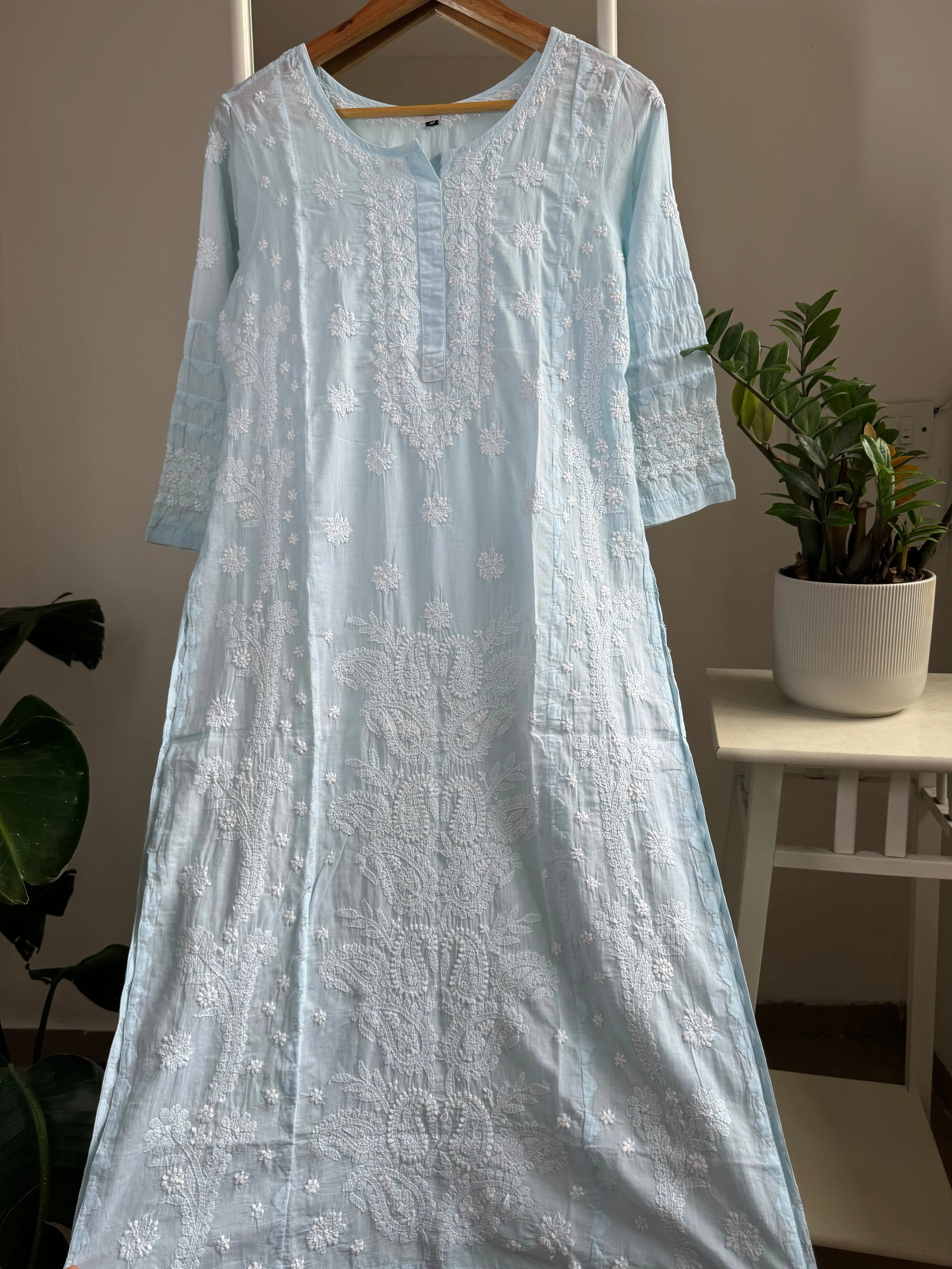 Mul Cotton Chikankari Kurti - Baby Blue ARIAA CHIKANKARI 