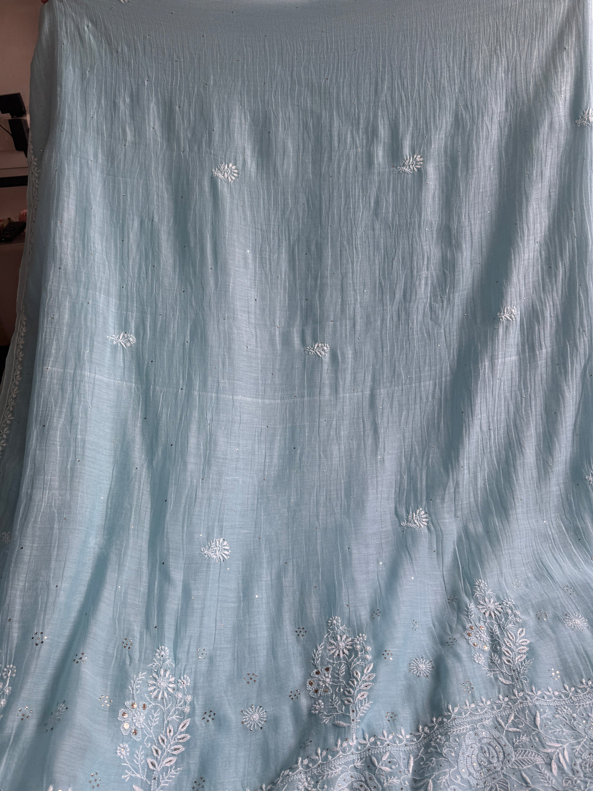 Pure Mul Chanderi Chikankari saree in Blue with Mukaish work