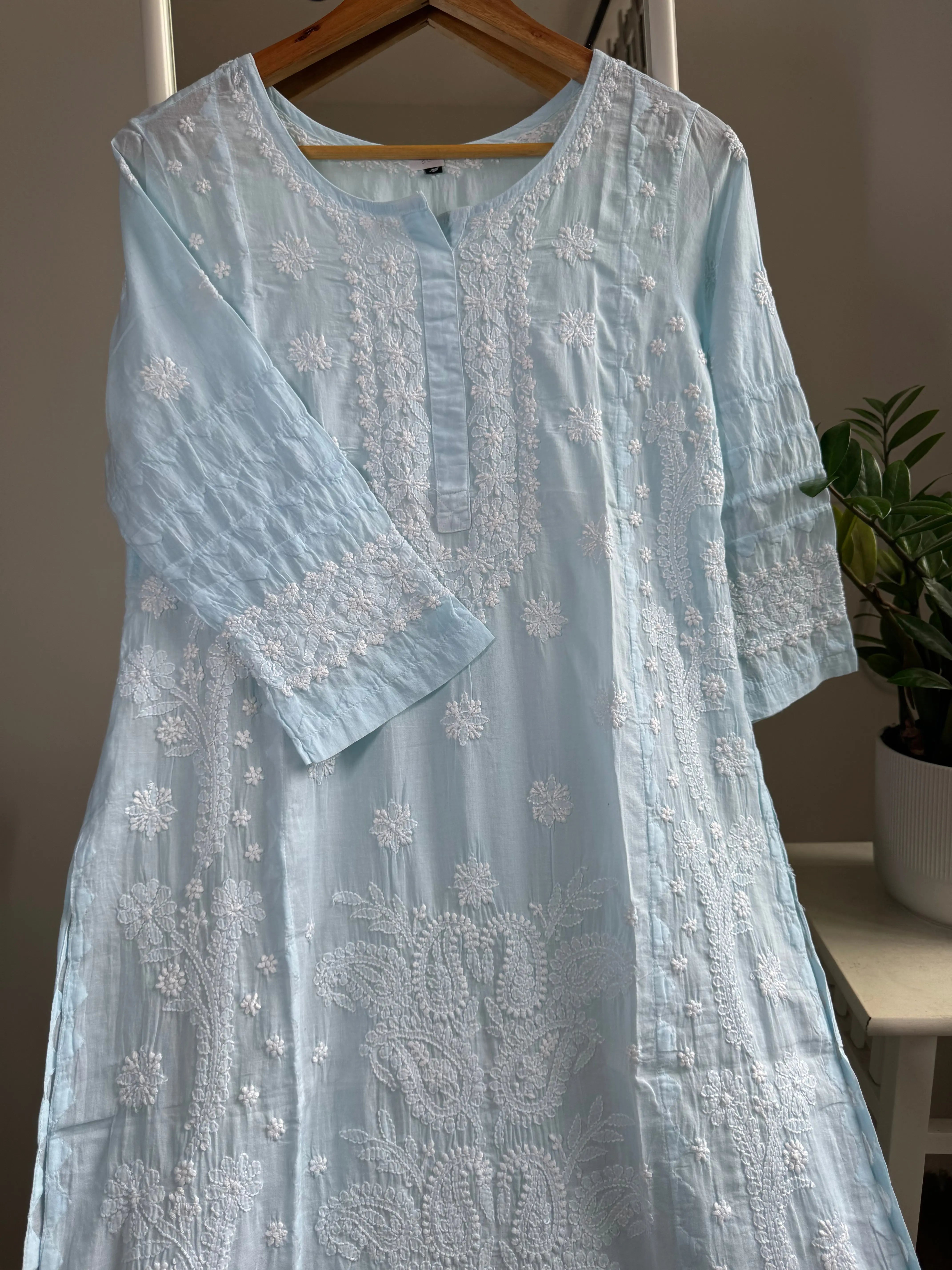 Mul Cotton Chikankari Kurti - Baby Blue ARIAA CHIKANKARI 