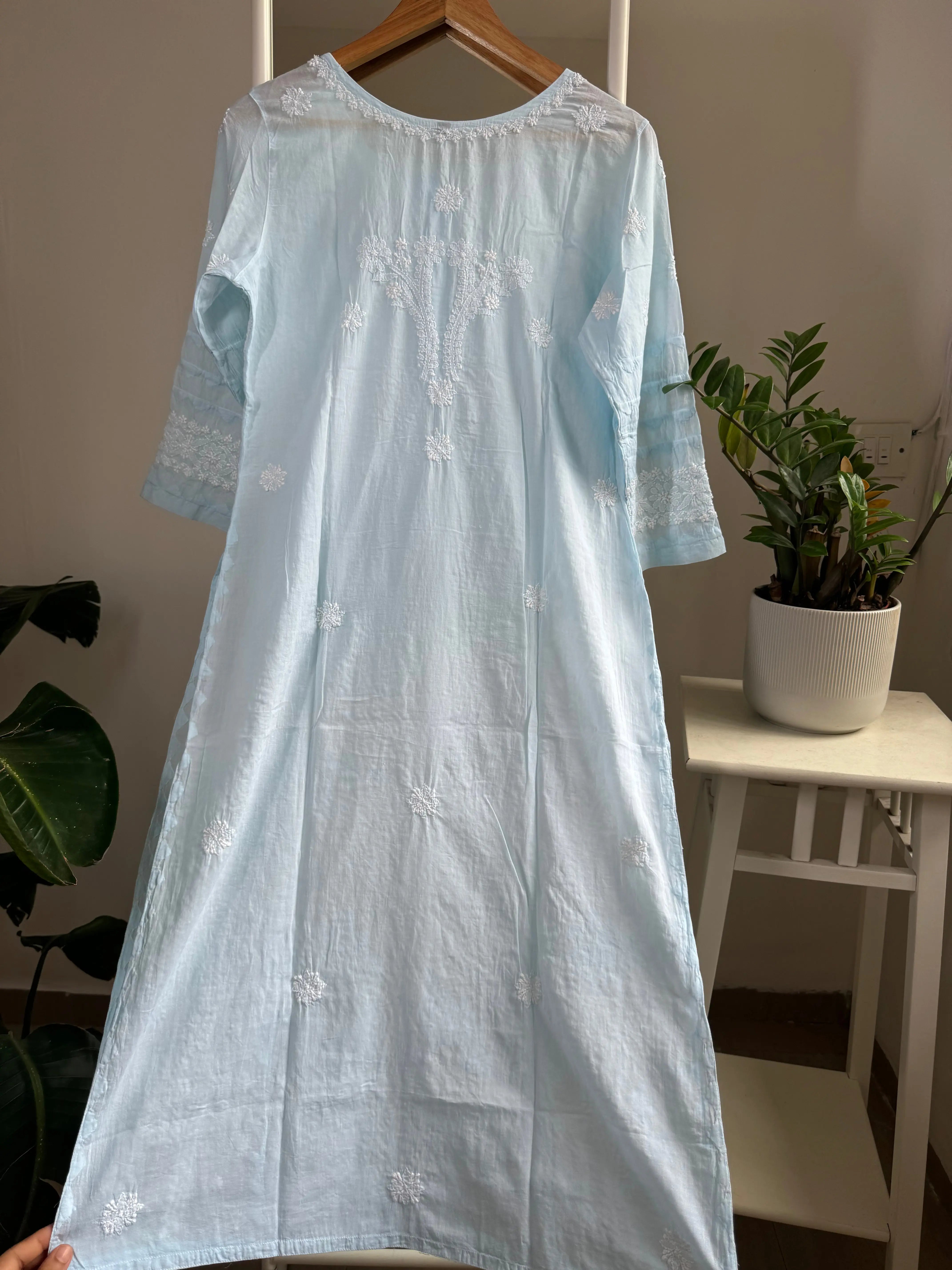 Mul Cotton Chikankari Kurti - Baby Blue ARIAA CHIKANKARI 