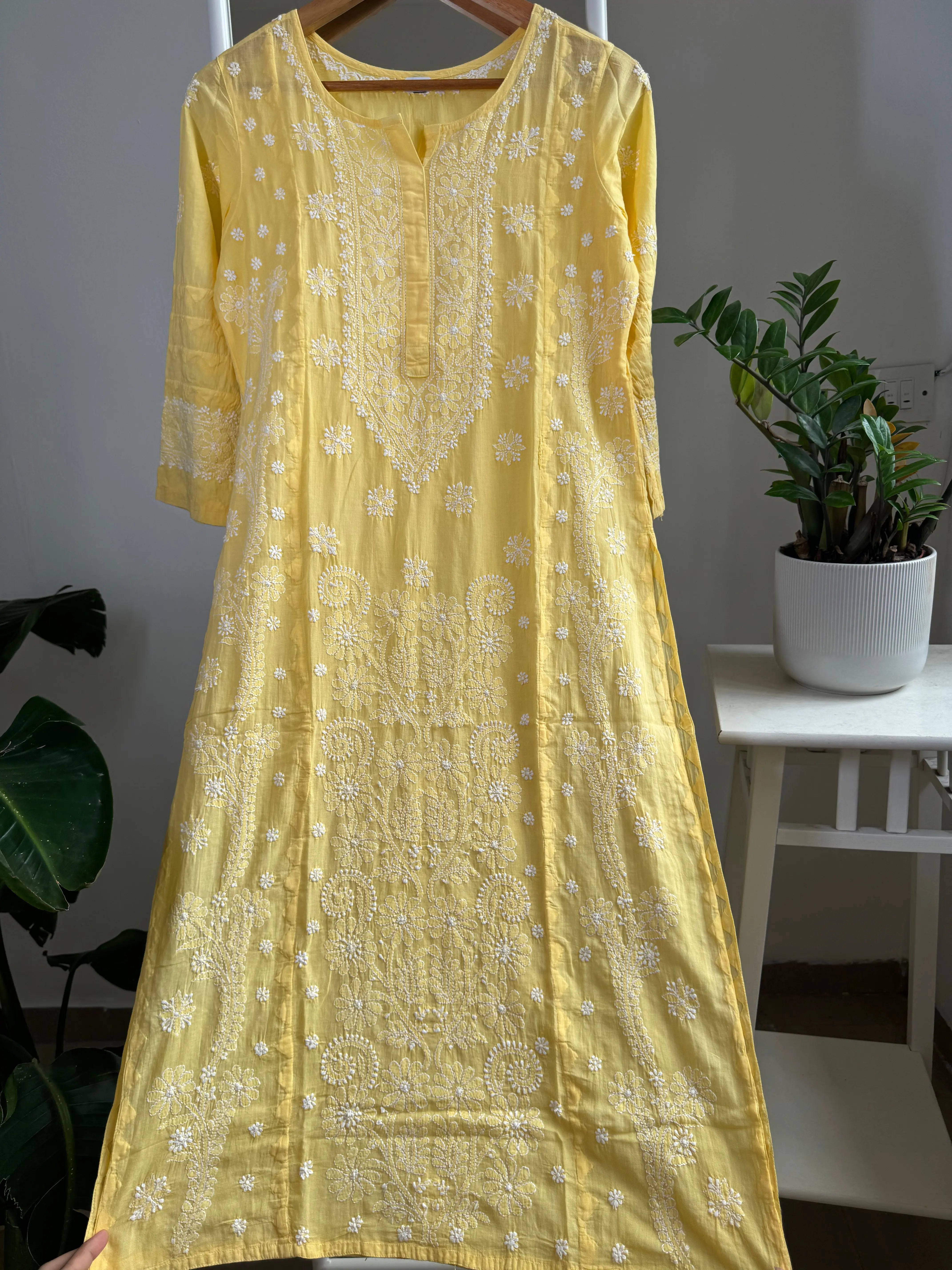 Mul Cotton Chikankari Kurti - Yellow ARIAA CHIKANKARI 