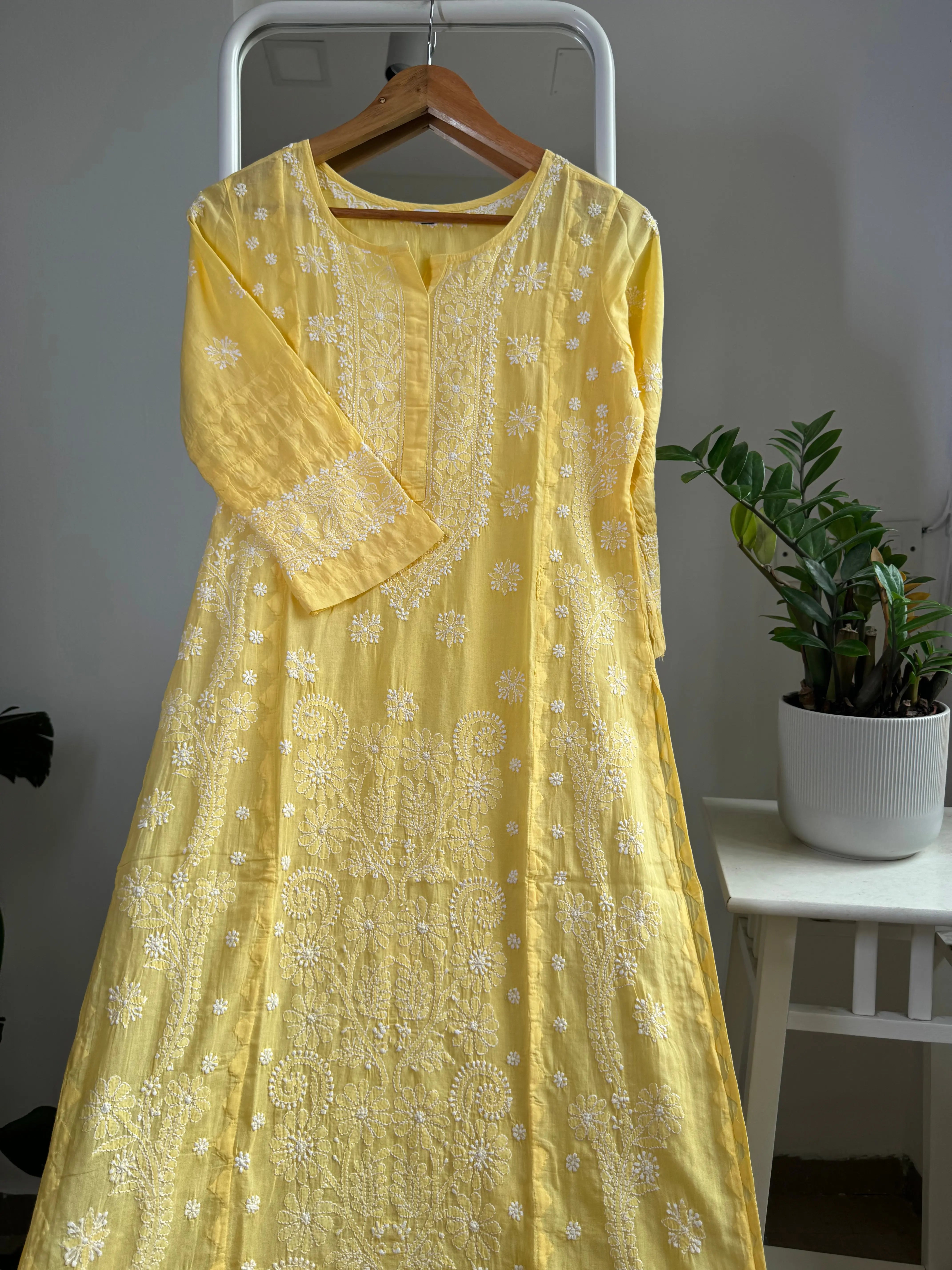 Mul Cotton Chikankari Kurti - Yellow ARIAA CHIKANKARI 