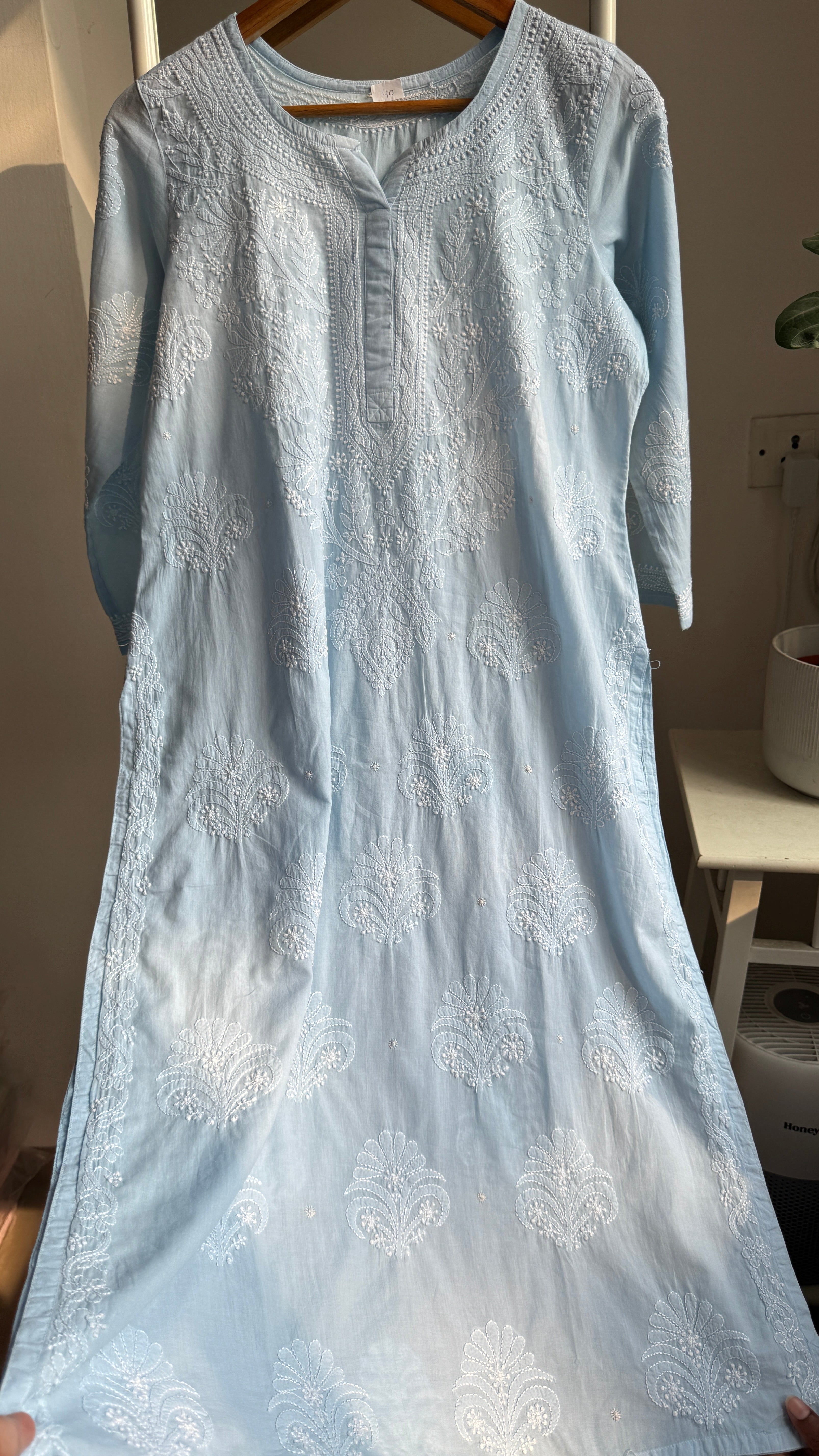 Mul Cotton Blue Chikankari Kurti - Saaz Collection
