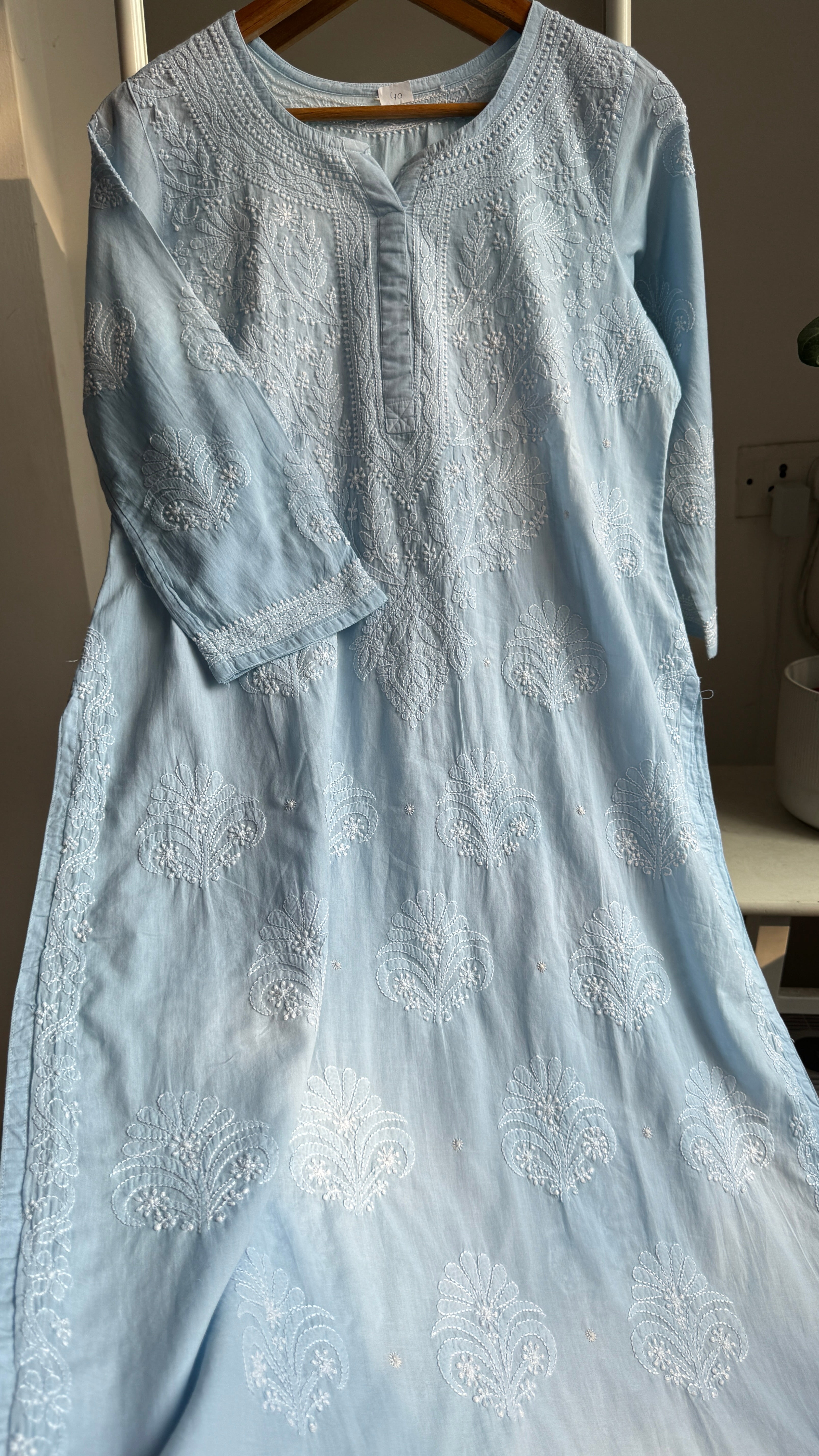 Mul Cotton Blue Chikankari Kurti - Saaz Collection