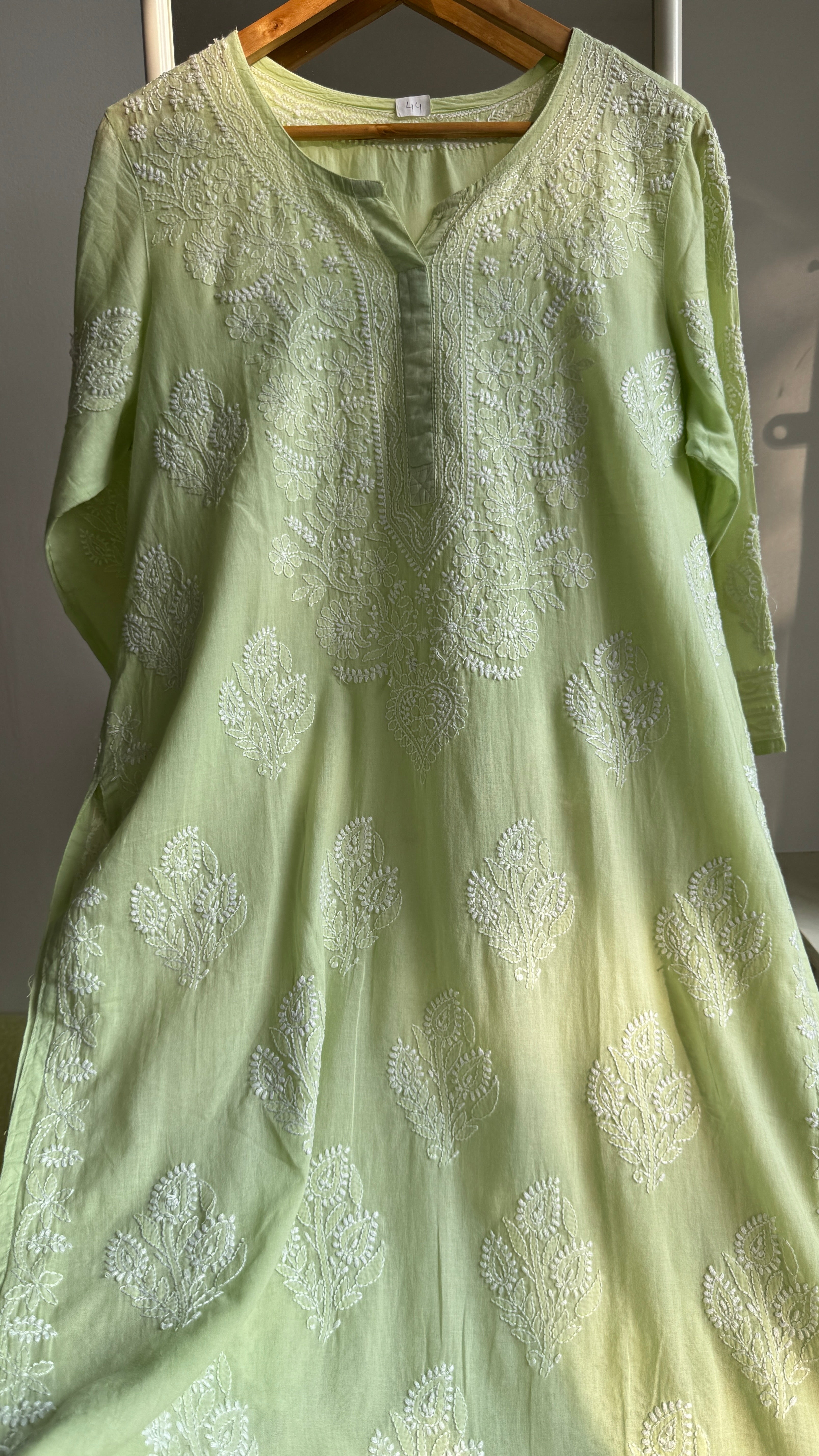 Mul Cotton Apple Green Chikankari Kurti - Saaz Collection