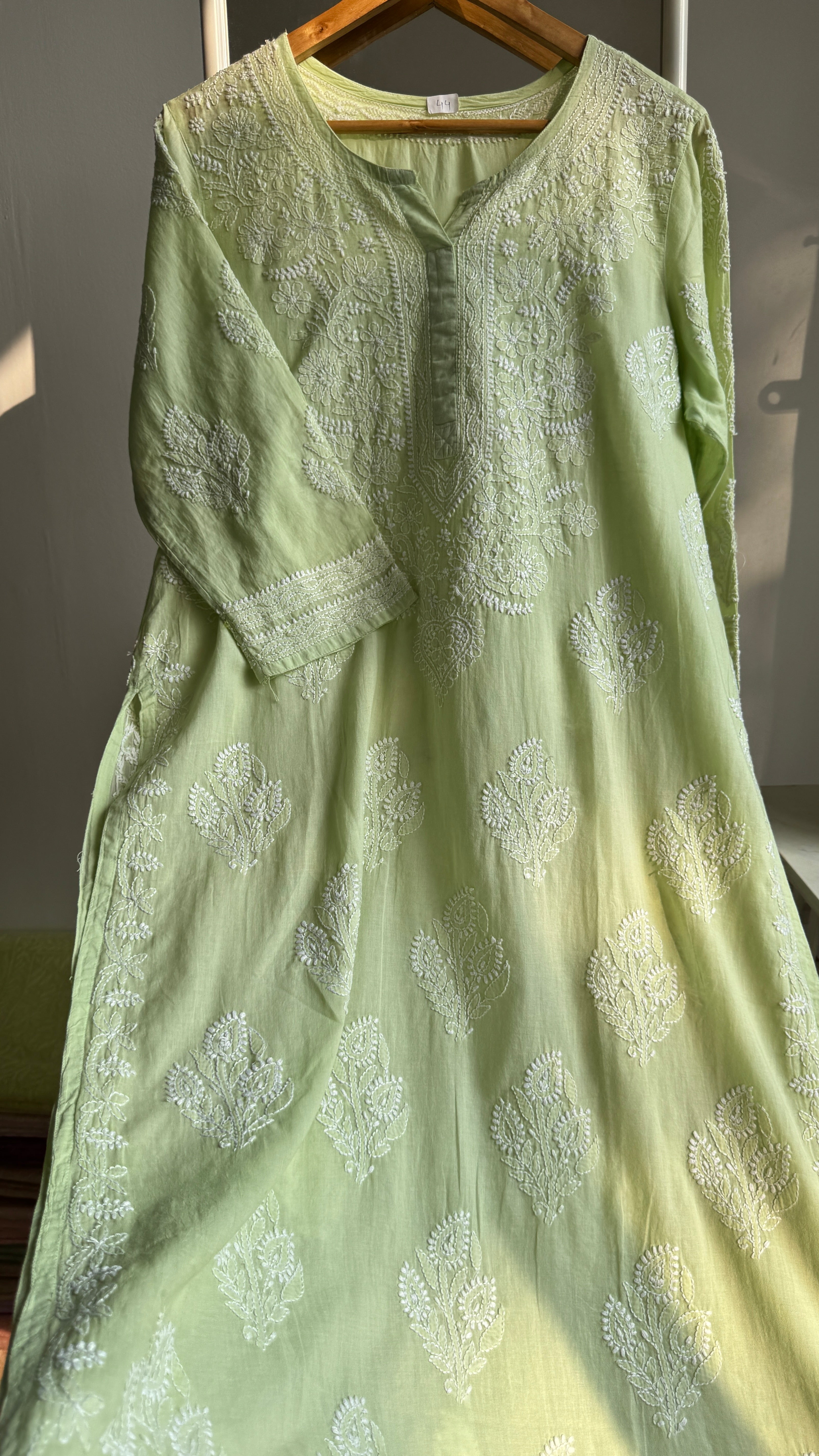 Mul Cotton Apple Green Chikankari Kurti - Saaz Collection