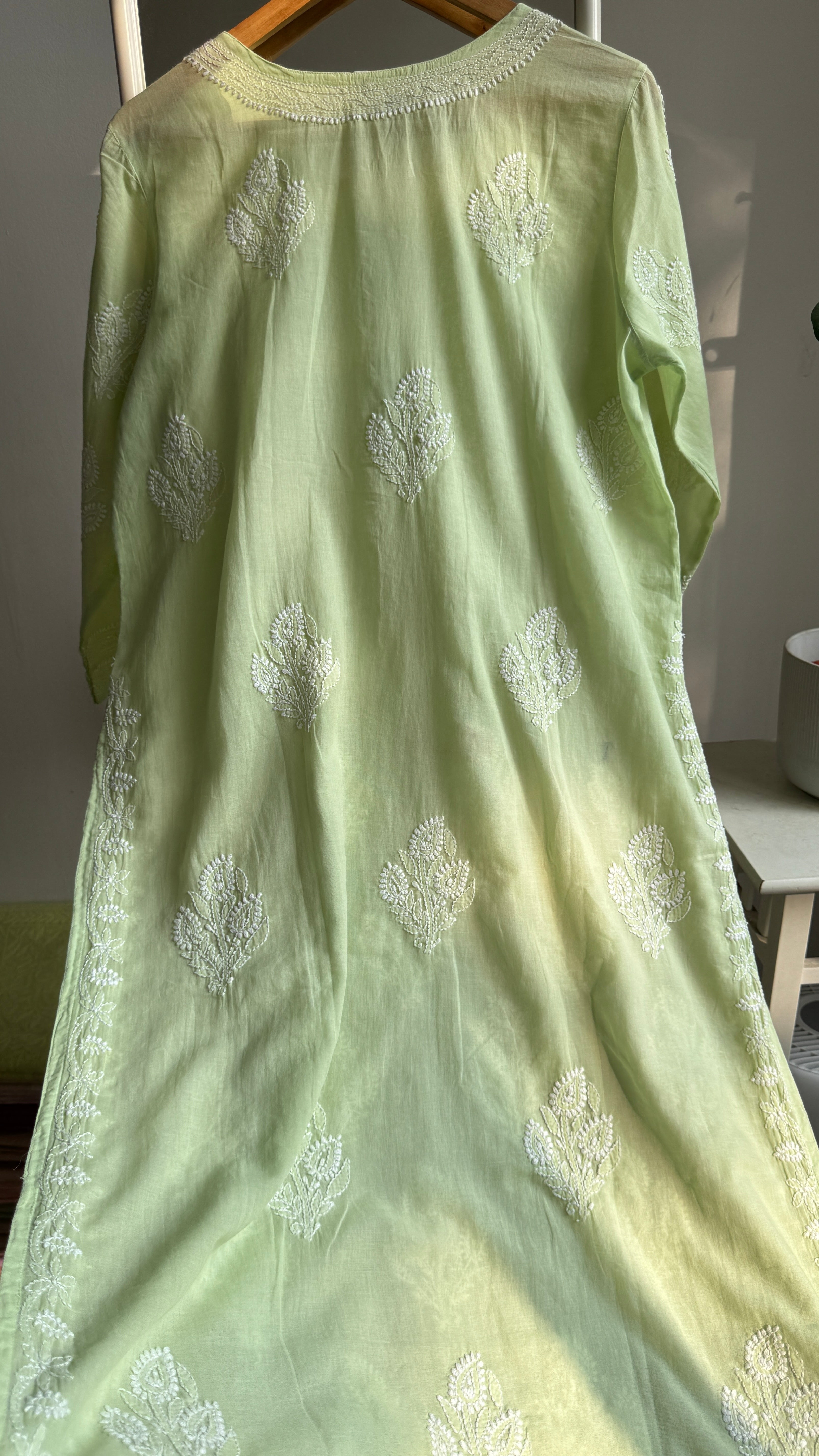 Mul Cotton Apple Green Chikankari Kurti - Saaz Collection