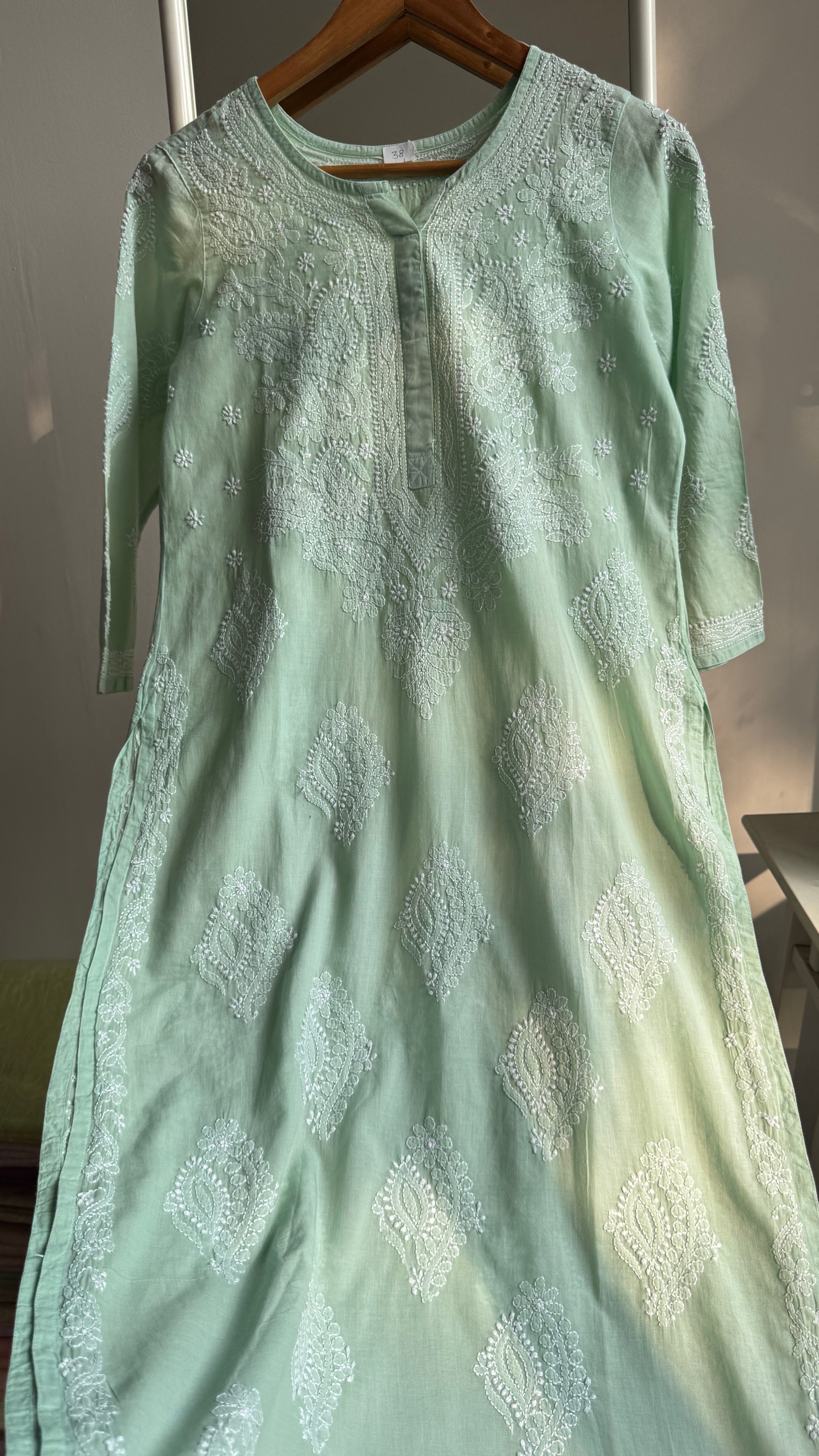 Mul Cotton Green Chikankari Kurti - Saaz Collection
