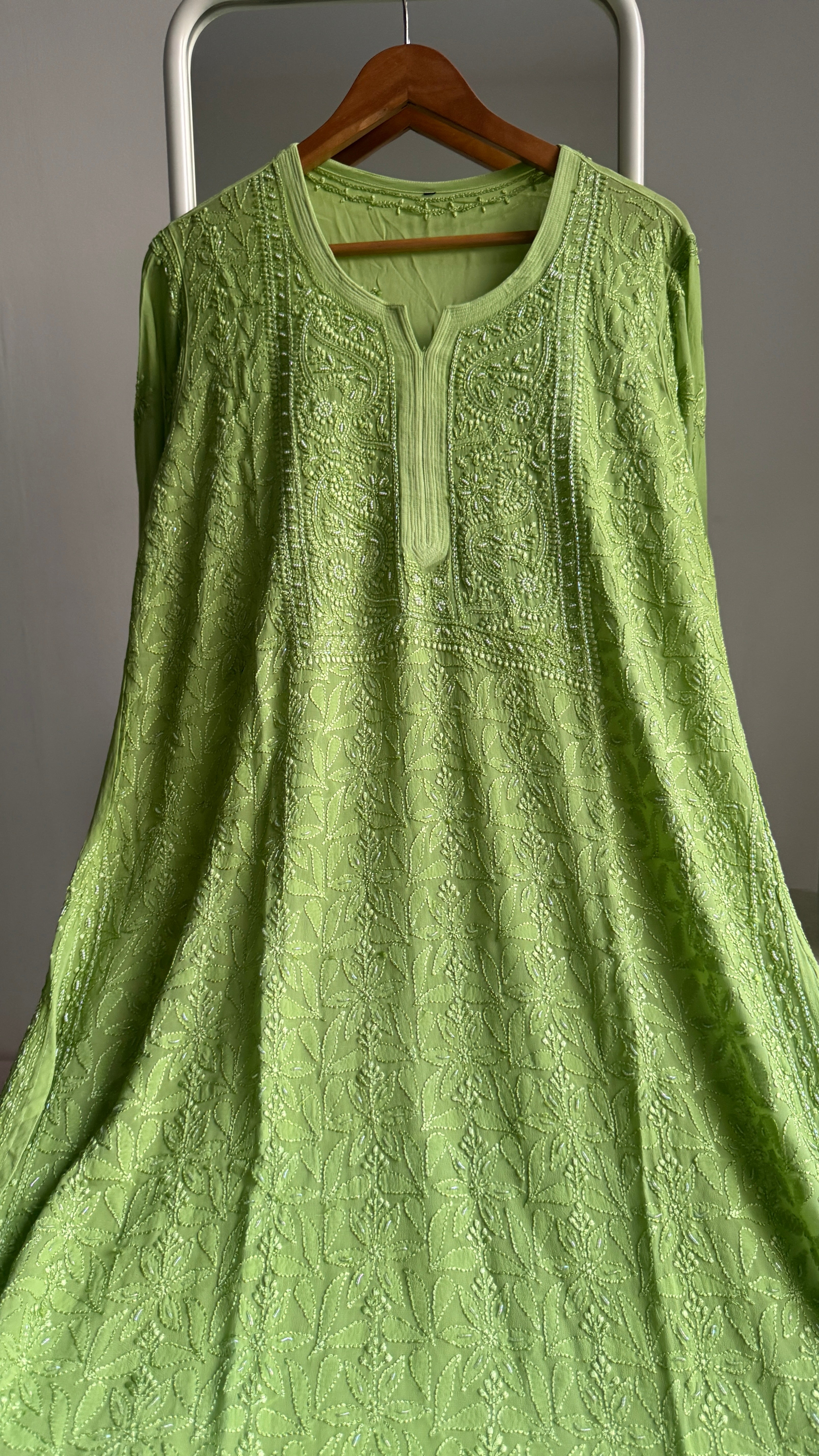 Viscose Chikankari Kurti with Pearl  Work - Bright Green