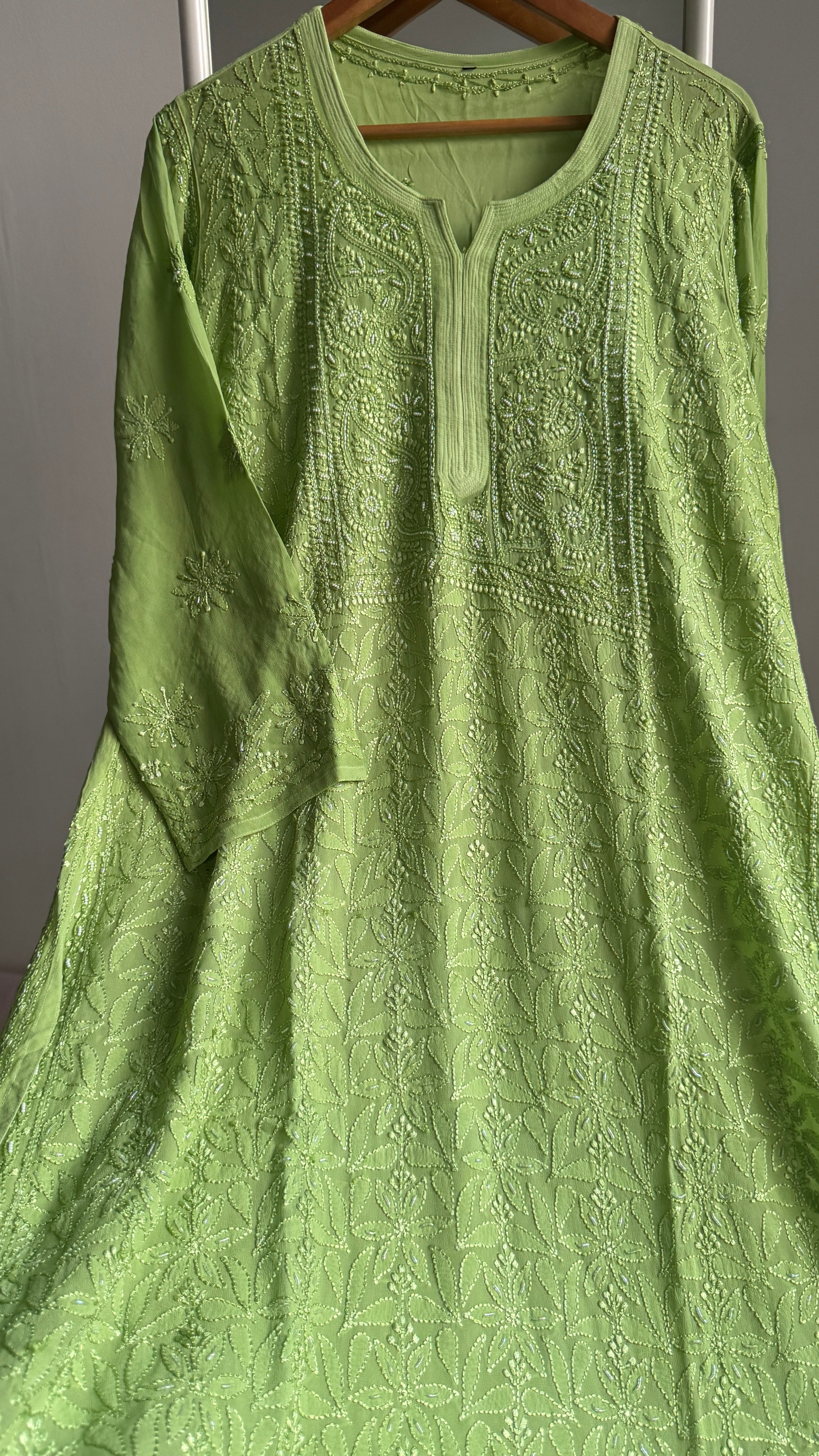 Viscose Chikankari Kurti with Pearl  Work - Bright Green