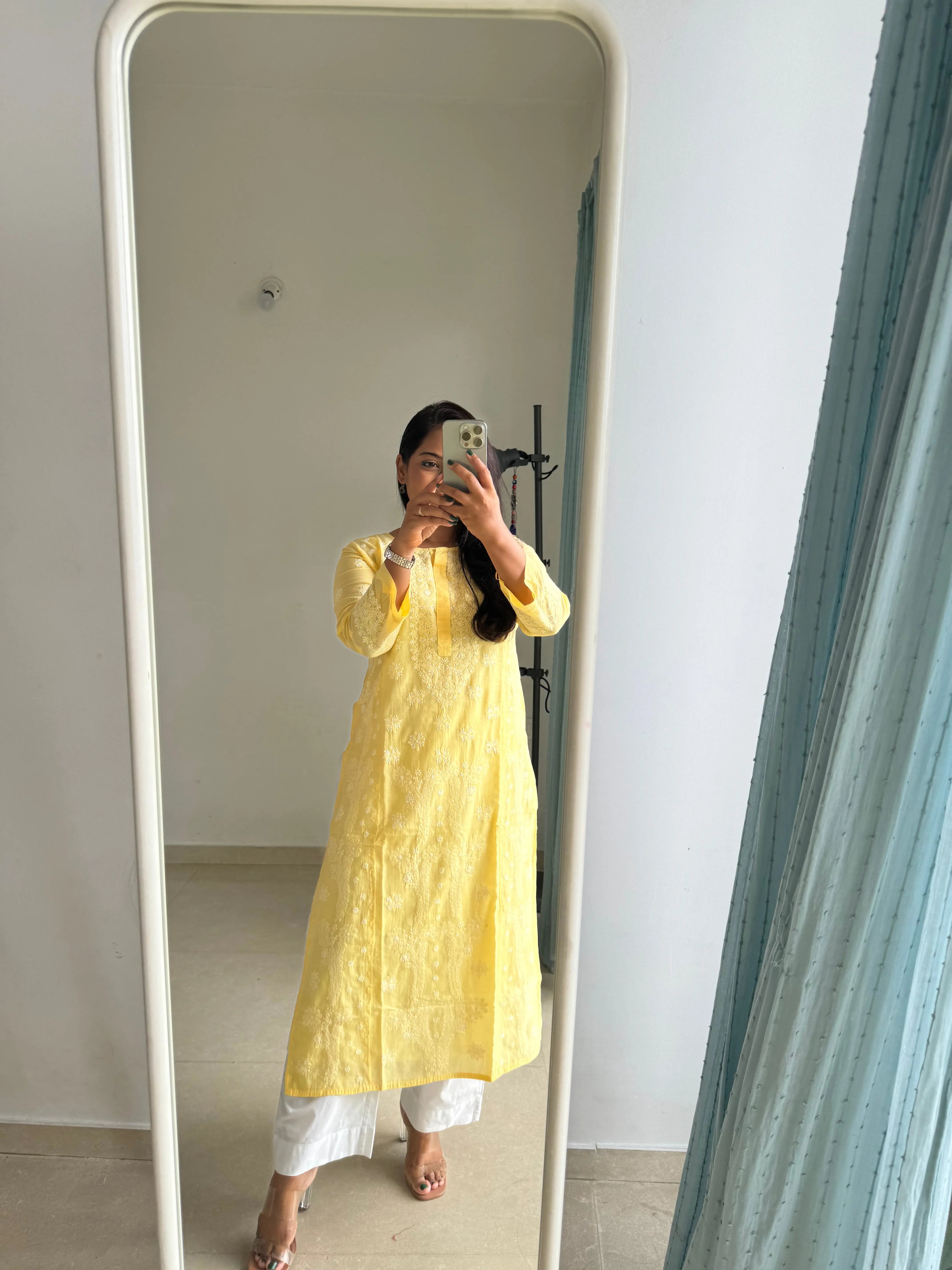 Mul Cotton Chikankari Kurti - Yellow ARIAA CHIKANKARI 