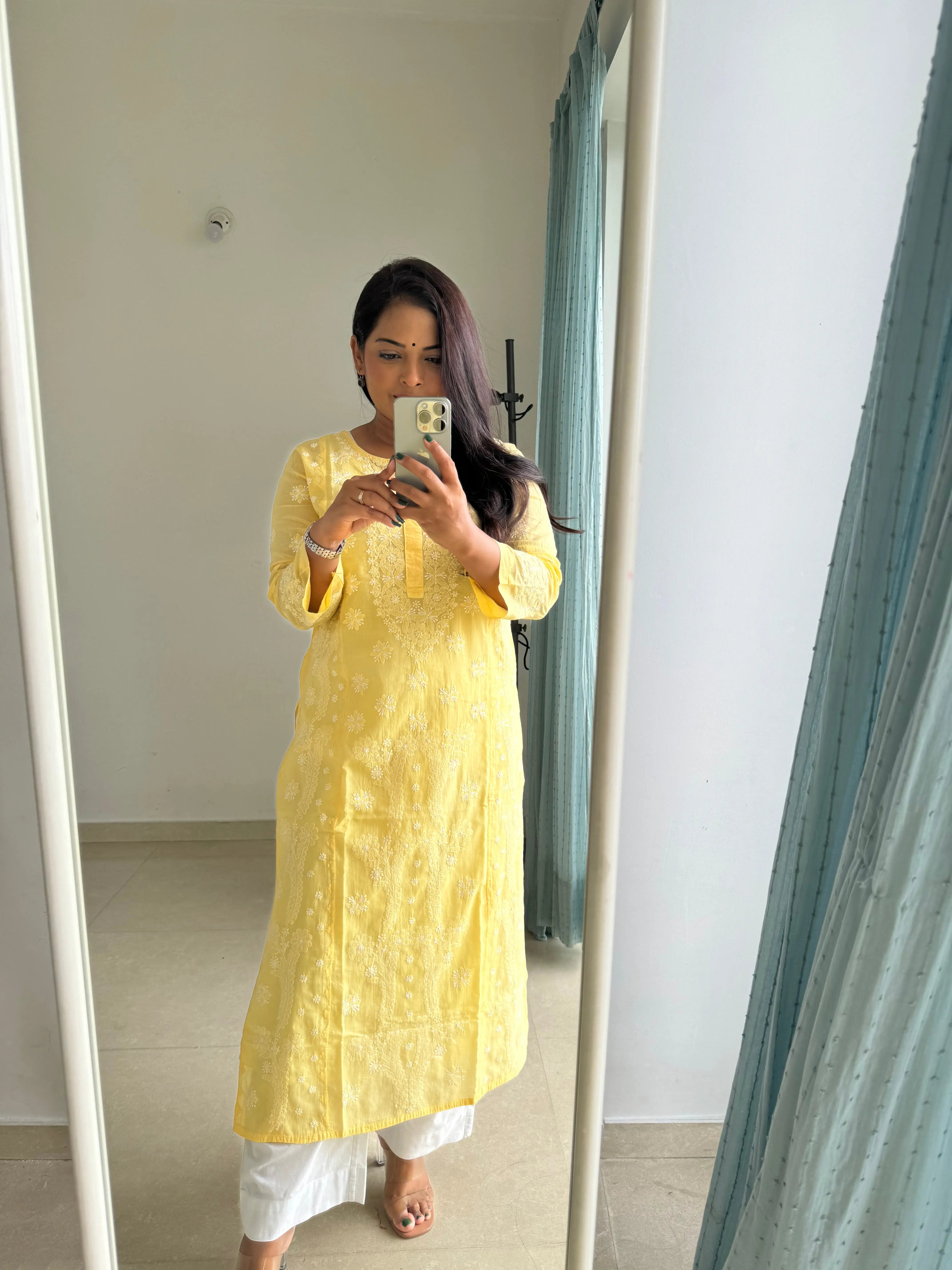 Mul Cotton Chikankari Kurti - Yellow ARIAA CHIKANKARI 