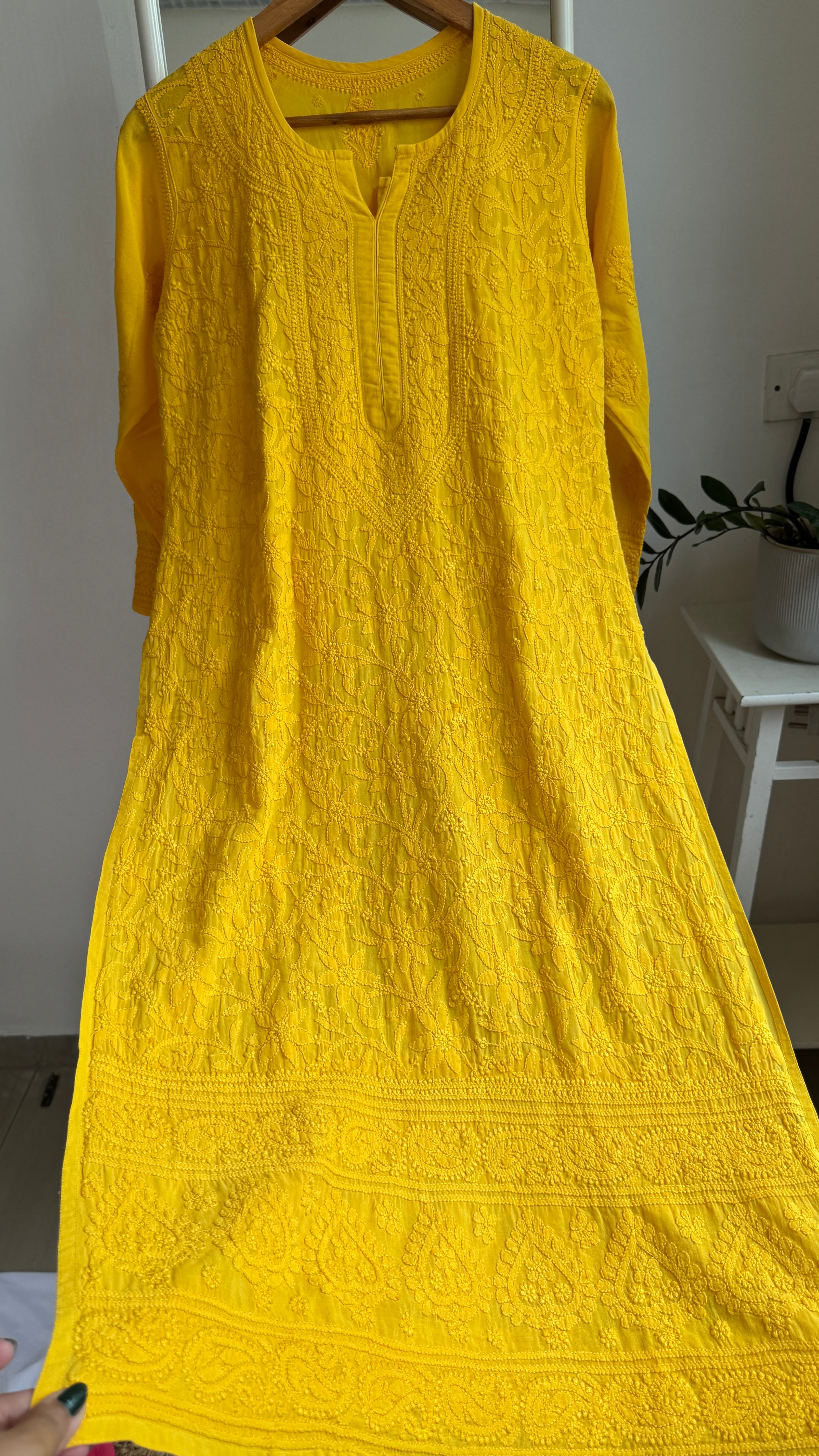 Pure Cotton Chikankari Full Jaal Kurti - yellow